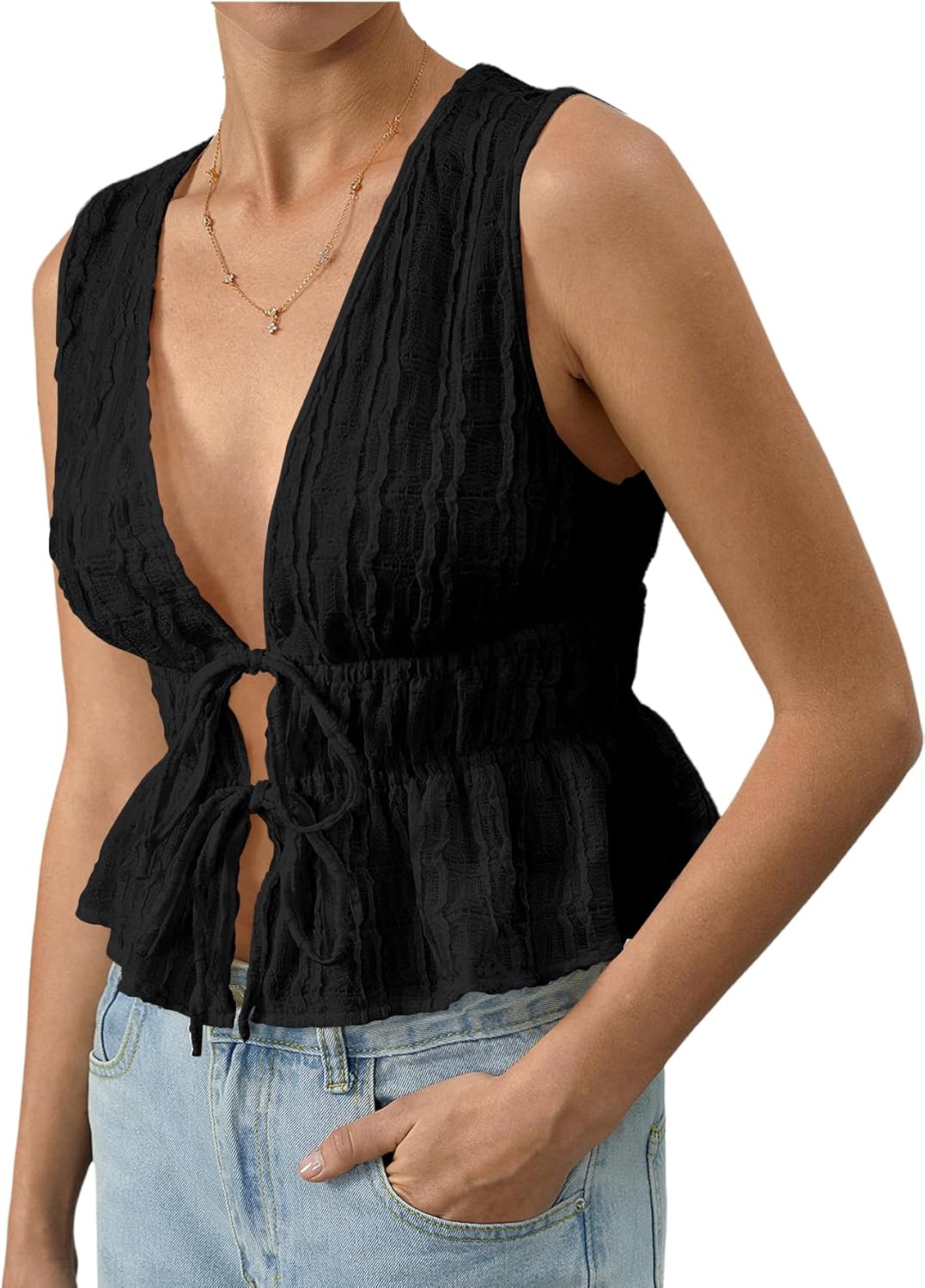 MakeMeChic Women's Tie Front Tank Top Sleeveless Ruffle Hem Crop Going Out Tops