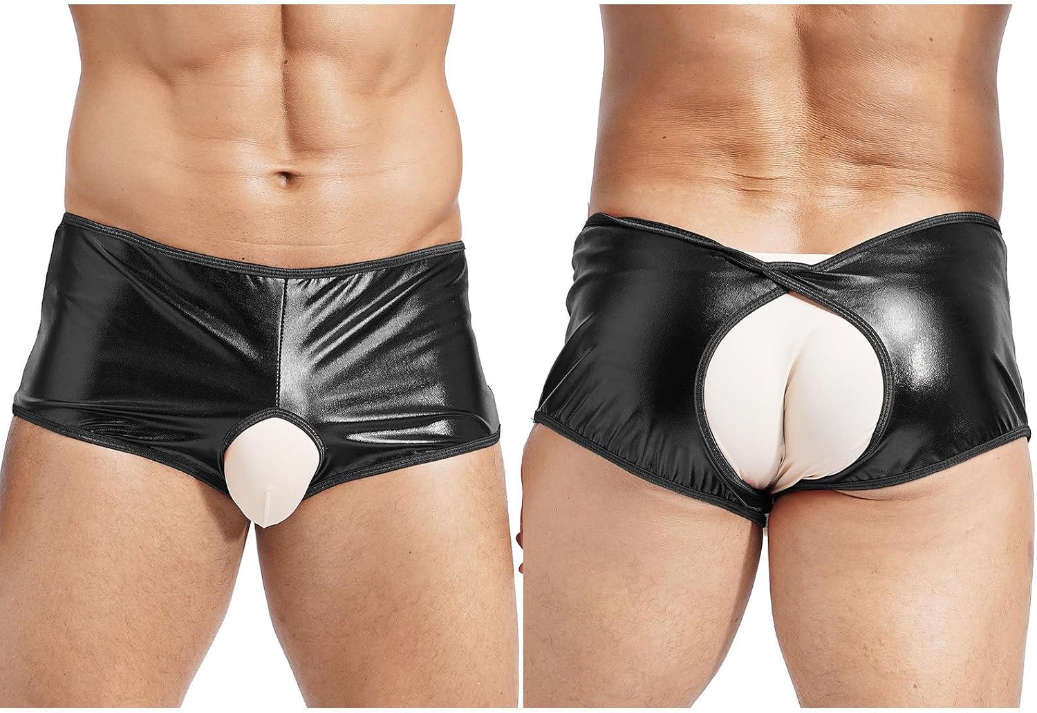 Lejafay Men's Sexy Faux Leather Open Pants Shorts Stretch Tight Jockstraps Boxer Shorts Boyshorts