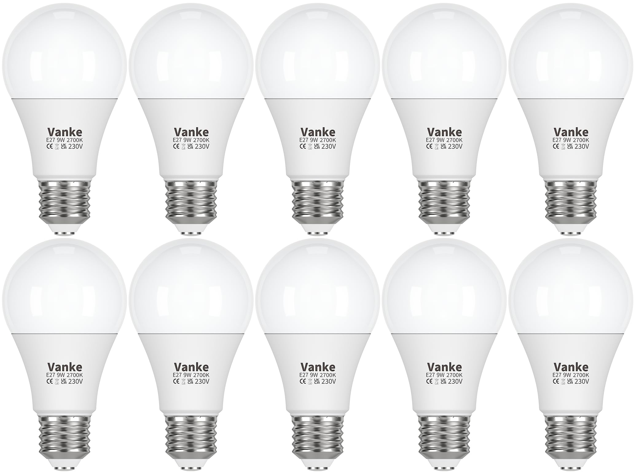 Vanke E27 Screw Bulb, Warm White 2700K Yellow Light, 60 Watts Equivalent, 9W ES A60 LED Bulbs, Large Screw in Light Bulb, 806 Lumen, Non-Dimmable, Pack of 10