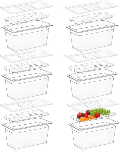 Sunnyray Juego de 6 sartenes de policarbonato de tamaño 1/3 con tapas y estante de drenaje, recipientes cuadrados transparentes para almacenamiento