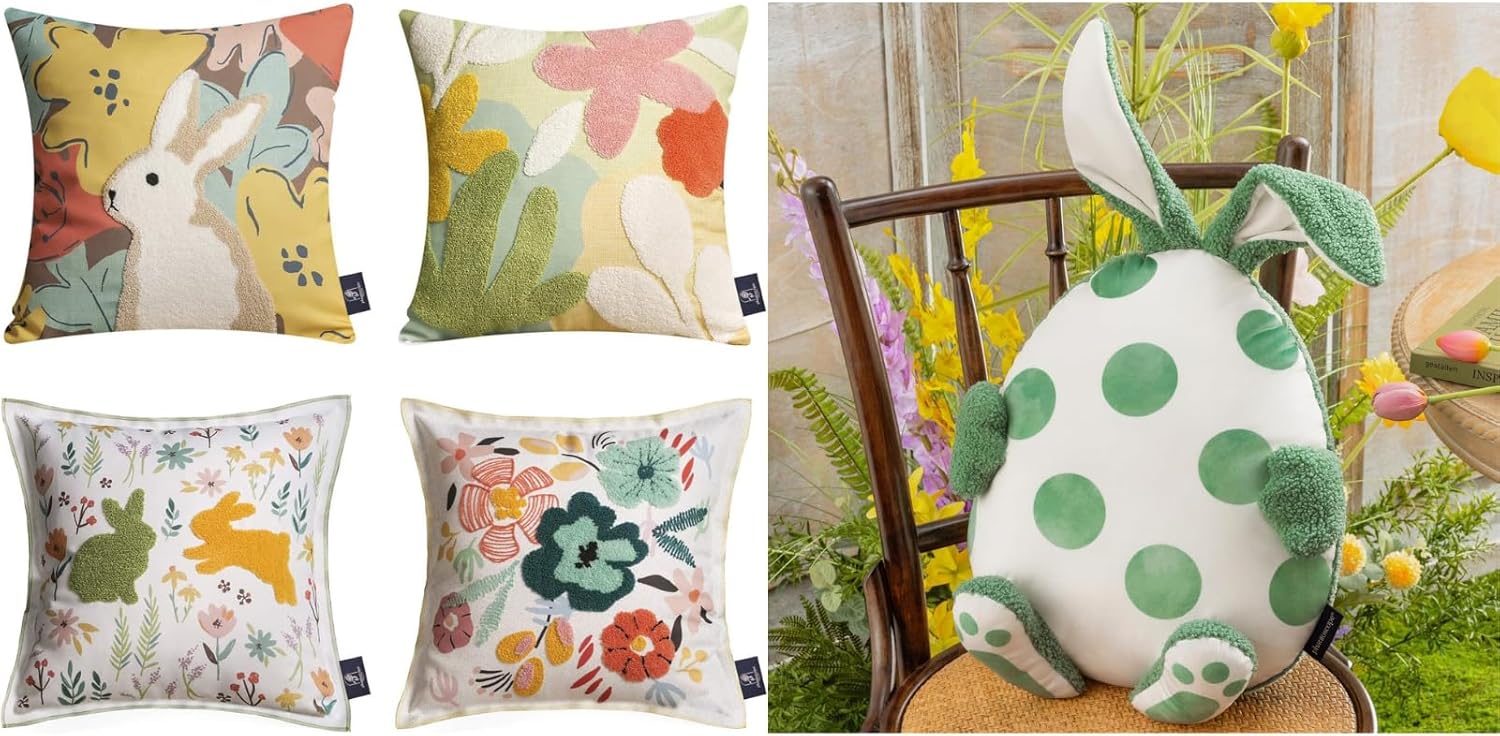 Phantoscope Bundle - Easter Throw Pillow Cover x4 and Easter Bunny Egg Pillow, 18 x 18'' Easter Flower and Bunny Pillow Cover and 16.5 x 14' Easter Bunny Egg Pillow for Living Room Bedroom