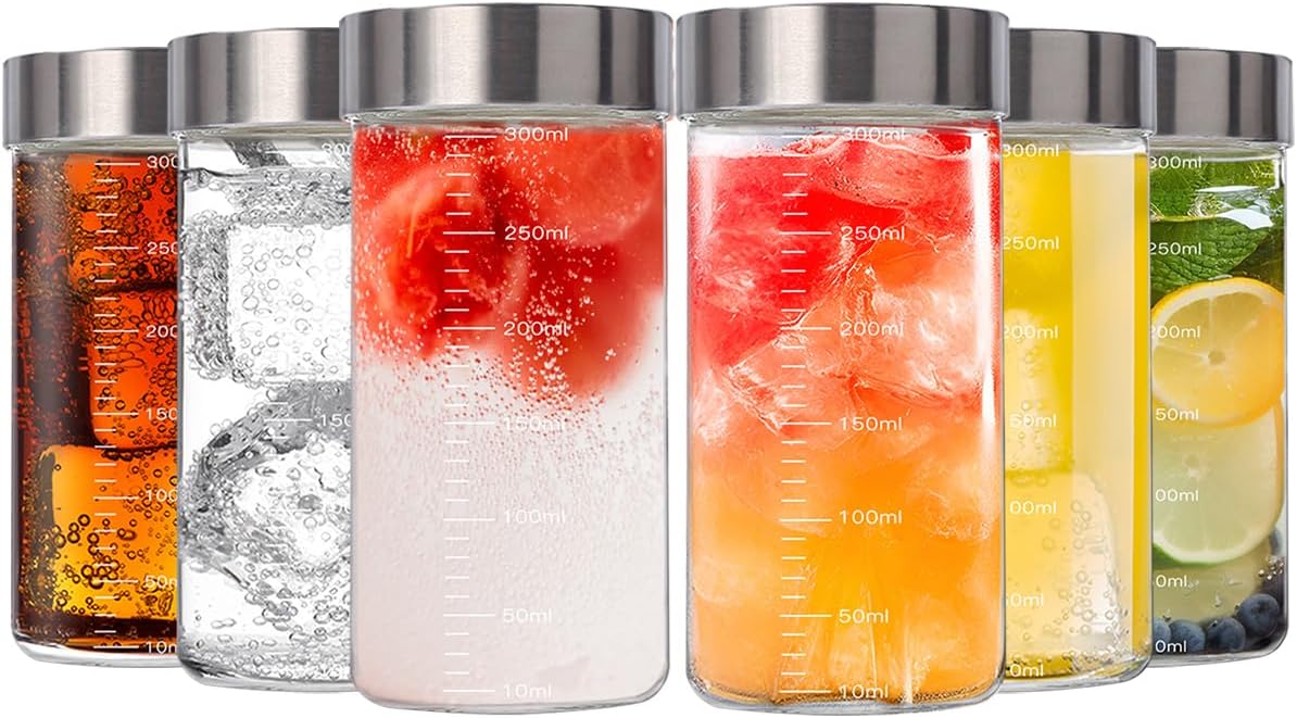 DanmuGlass Juice Bottles with Lids 10oz,Juicing Bottles Reusable 100% Leakproof for Juicing,Water,Kombucha,Milk,Milkshake,Coffee,Borosilicate Glass,6 Pack,Dishwasher Safe,Microwave Safe