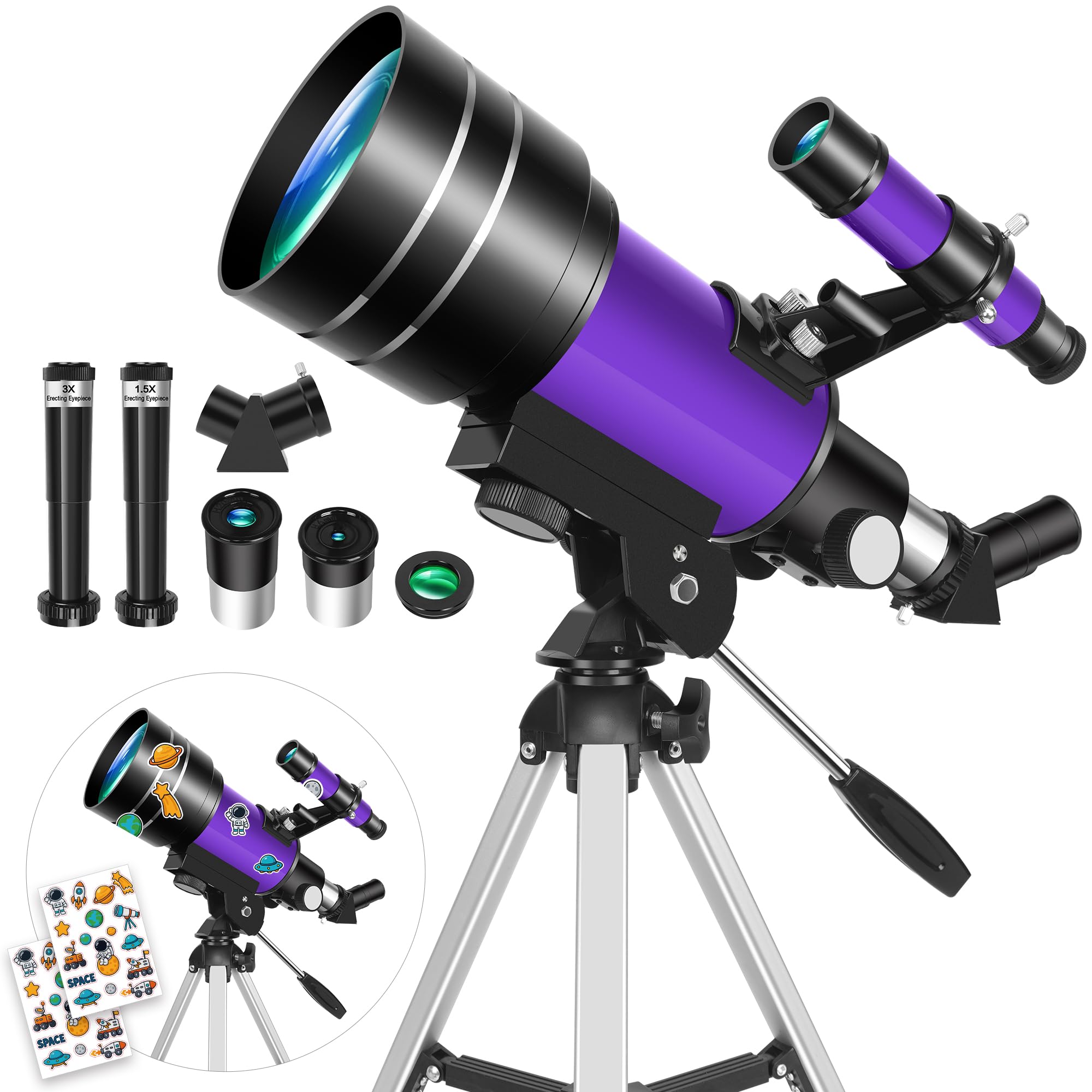 Telescopio Astronómico para Niños, 70 mm Apertura 300 mm (22,5X - 150X) Portatil Refractor Telescopio para Adultos y Principiantes con Trípode y Filtro Lunar para Observar la Luna y Paisajes