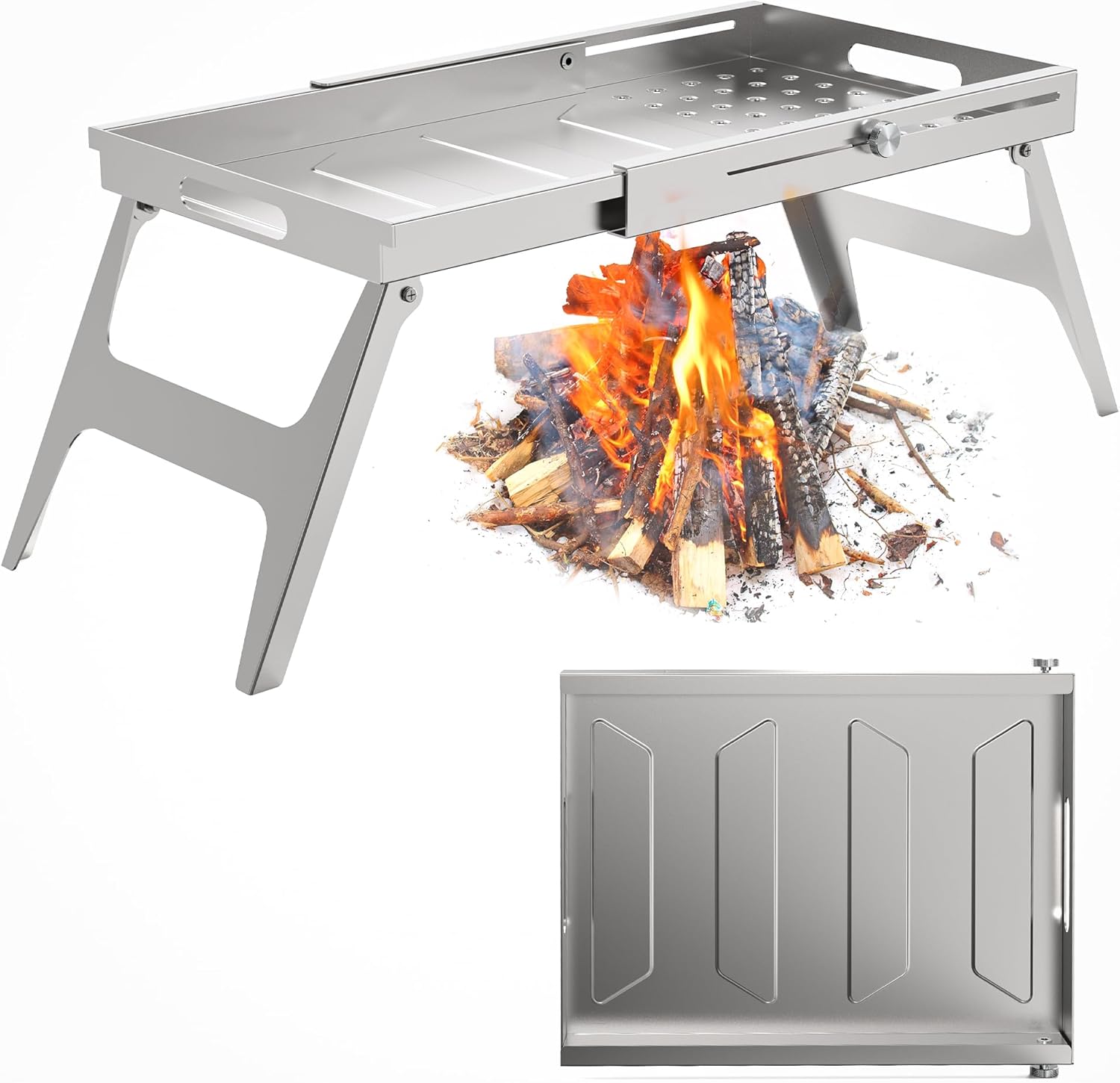 Foldable Campfire Grill Stainless Steel for BBQ,24.8"*11",Portable and Easy to Store,Grill and Griddle Combo for Versatile Campfire Cooking