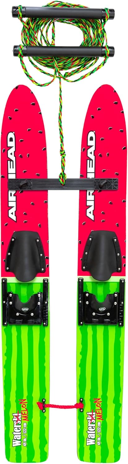Airhead Watermelon 47" Combo Water Skis with Removable Training bar with Double Handle Rope and Adjustable bindings US Child Size 5-12