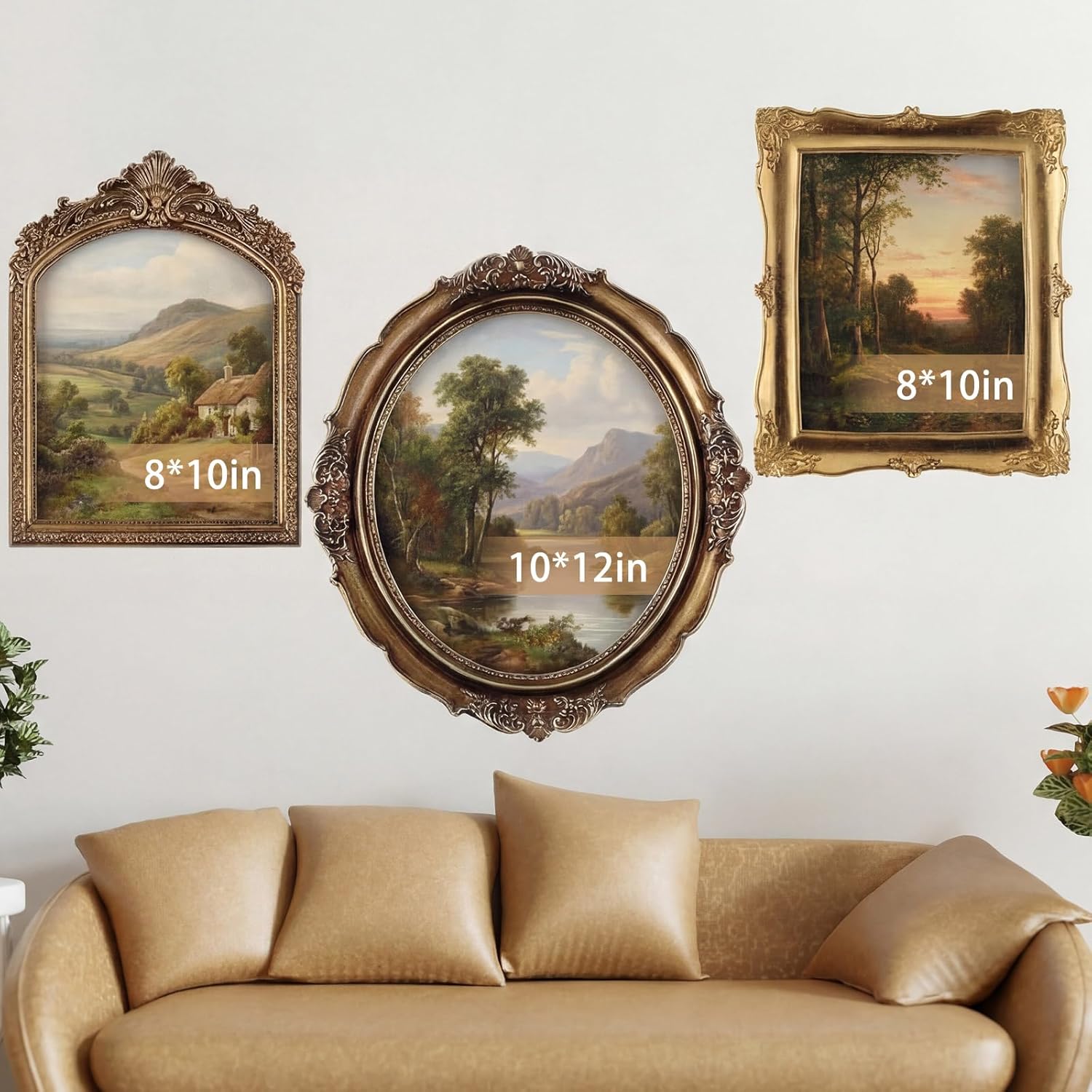 Wonderjune 3 Pcs Large Vintage Picture Frames 10" 12" Antique Picture Frame,Clear Glass Rustic Frames Retro Home Decor Wall Mount for Gallery Art Oval Square, Bronze Gold(Vintage)