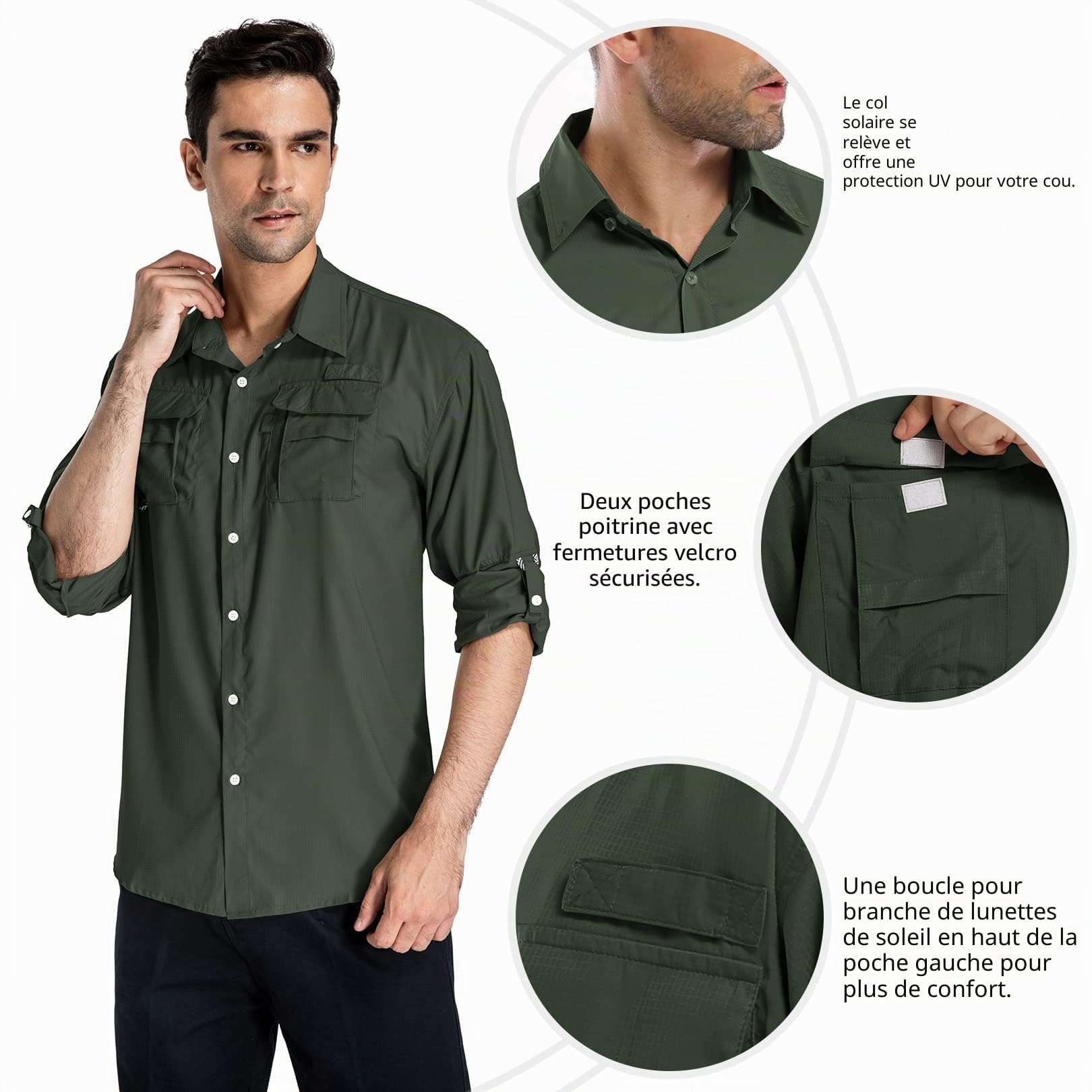 yeyity Chemise de safari à manches longues UPF50, protection UV, respirante, boutonnée, pour randonnée, pêche, trekking, Vert kaki, XXL