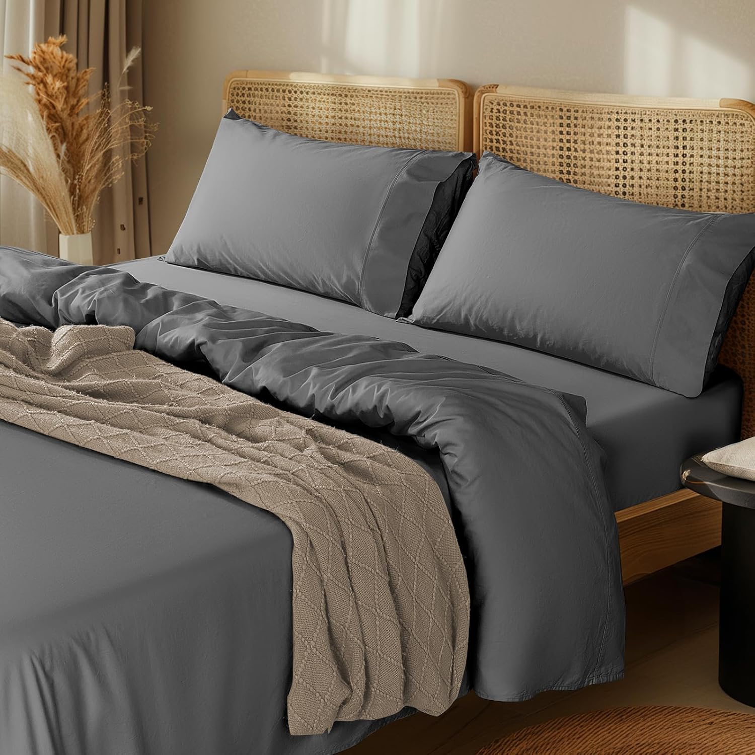 LBRO2M 1000 Thread Count 100% Cotton Sheets Set,Queen Size Bed Sheet 4 Piece Sets,Long Staple,16 Inches Deep Pocket,All Season,Bedding Super Soft Comforterble Breathable,Sateen (Dark Grey) Dark Grey Queen