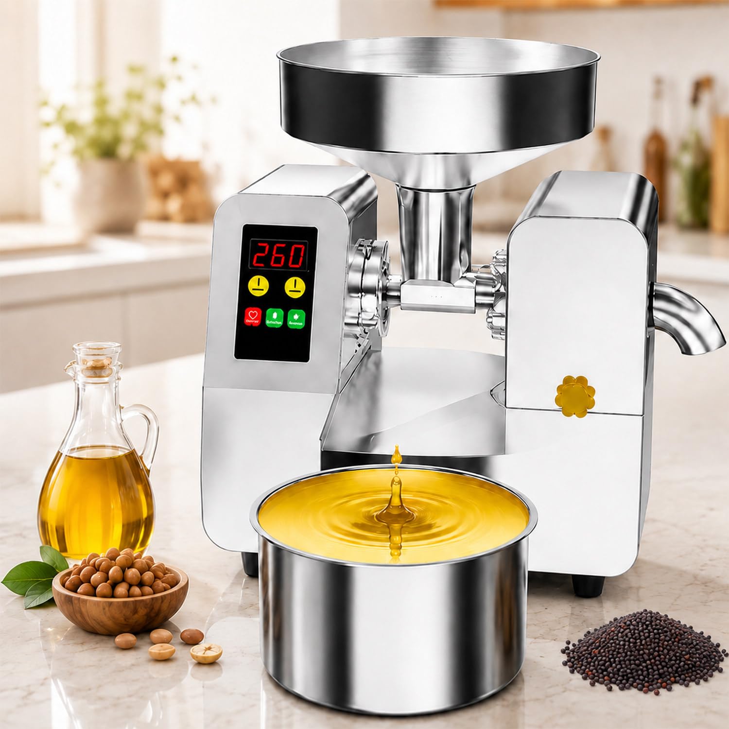 Edelstahl ölpresse, ölpressmaschine, Olivenöl Presse, Haushaltsölpresse | Edelstahl, Automatische Rückwärtsfunktion, Mit Bedienfeld, 0.8 L Ölauffangbecher, 5–9 Kg/H, Einstellbar 40–300°C