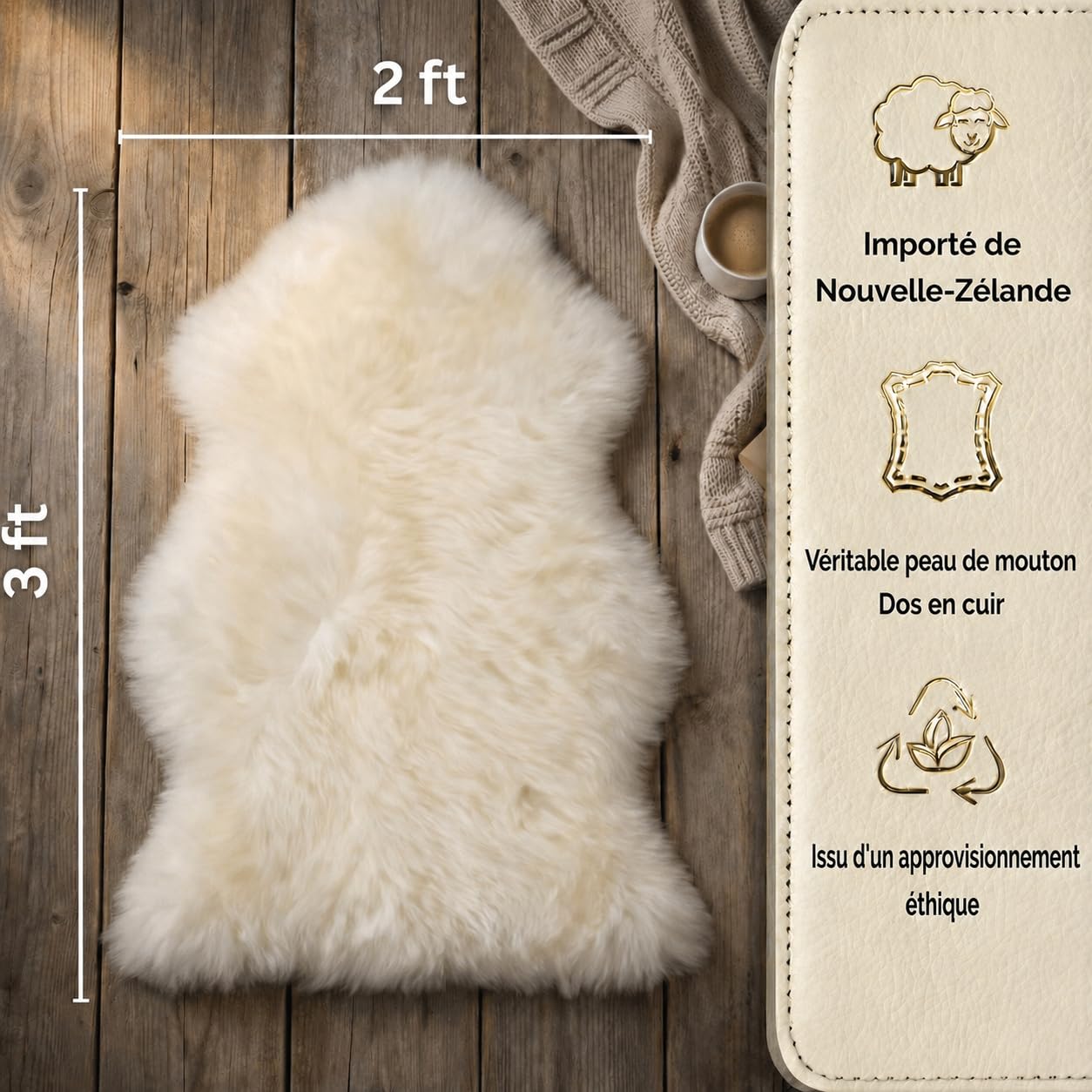Woolous Peau de Mouton Véritable - Nouvelle Zélande Peau Mouton Tapis Naturel Shaggy Ultra Doux 90x60 cm – Décoration Cosy pour Fauteuil, Lit ou Sol