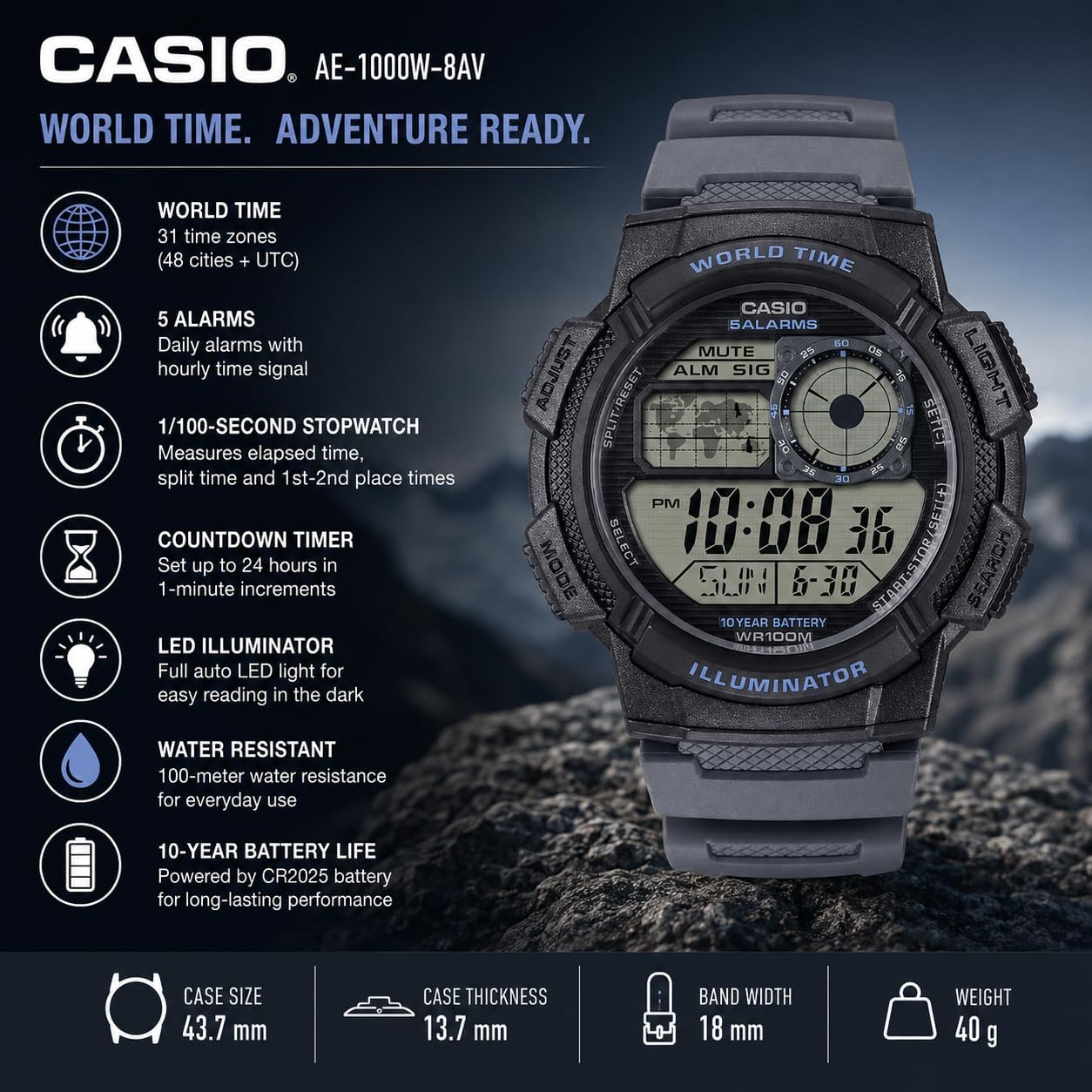 45mm Casio AE-1000W Series Digital Illuminator Men's Resin W…