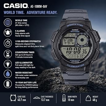 Casio AE-1000Wシリーズ | メンズデジタルウォッチ | ブラック/ブラック | 100M WR | ワールドタイム | マルチタイム表示 | カウントダウンタイマー | ストップウォッチ | LEDバックライト | オートカレンダー | 5つのアラーム | 10年間のバッテリー