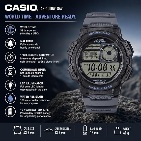 Casio AE-1000Wシリーズ | メンズデジタルウォッチ | ブラック/ブラック | 100M WR | ワールドタイム | マルチタイム表示 | カウントダウンタイマー | ストップウォッチ | LEDバックライト | オートカレンダー | 5つのアラーム | 10年間のバッテリー