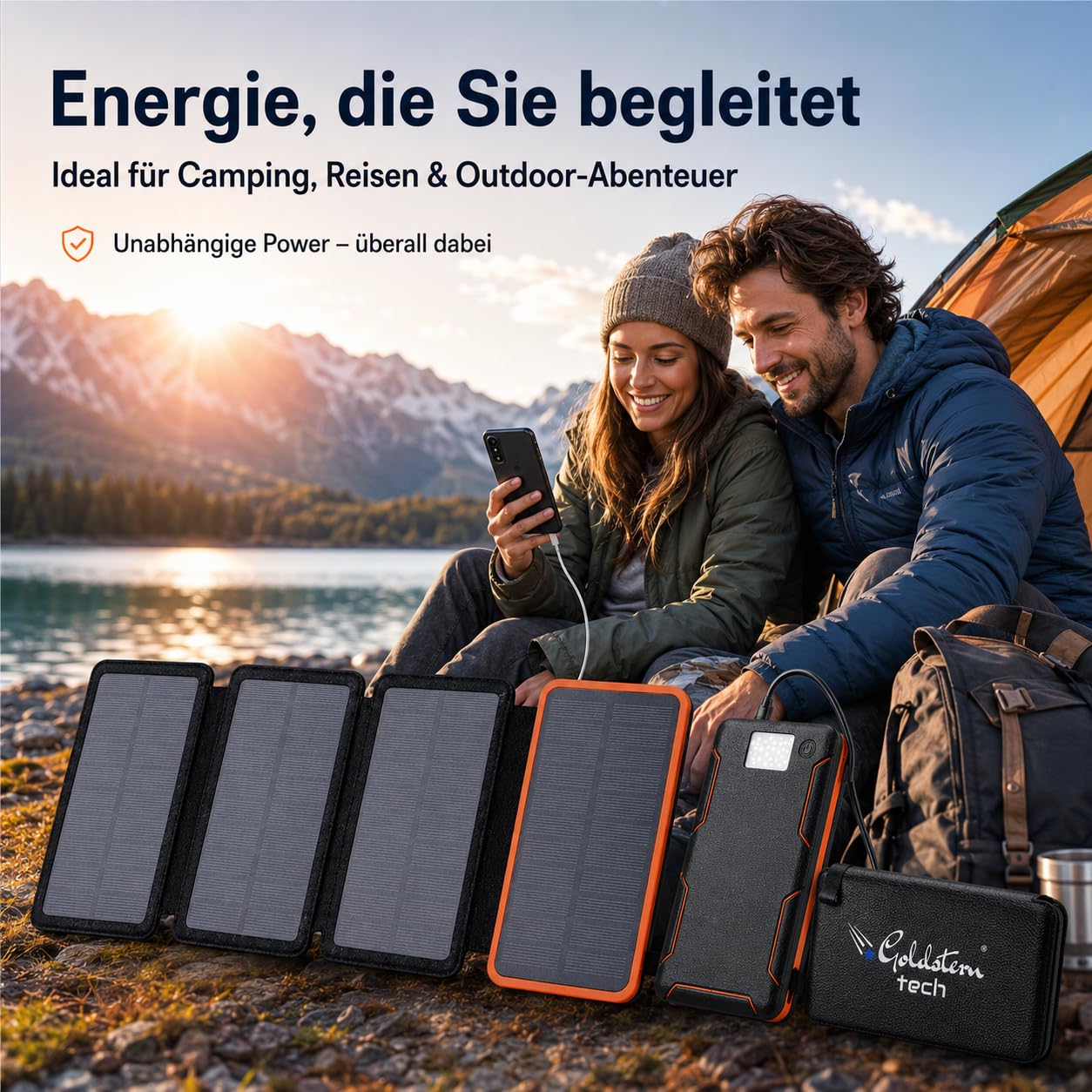 Solar Powerbank 36.800mAh, 4 Solarpanels, 15W Schnellladen, USB-C & QC 3.0, LED-Taschenlampe, Outdoor Ladegerät für Smartphone, Tablet, Camping & Reisen.