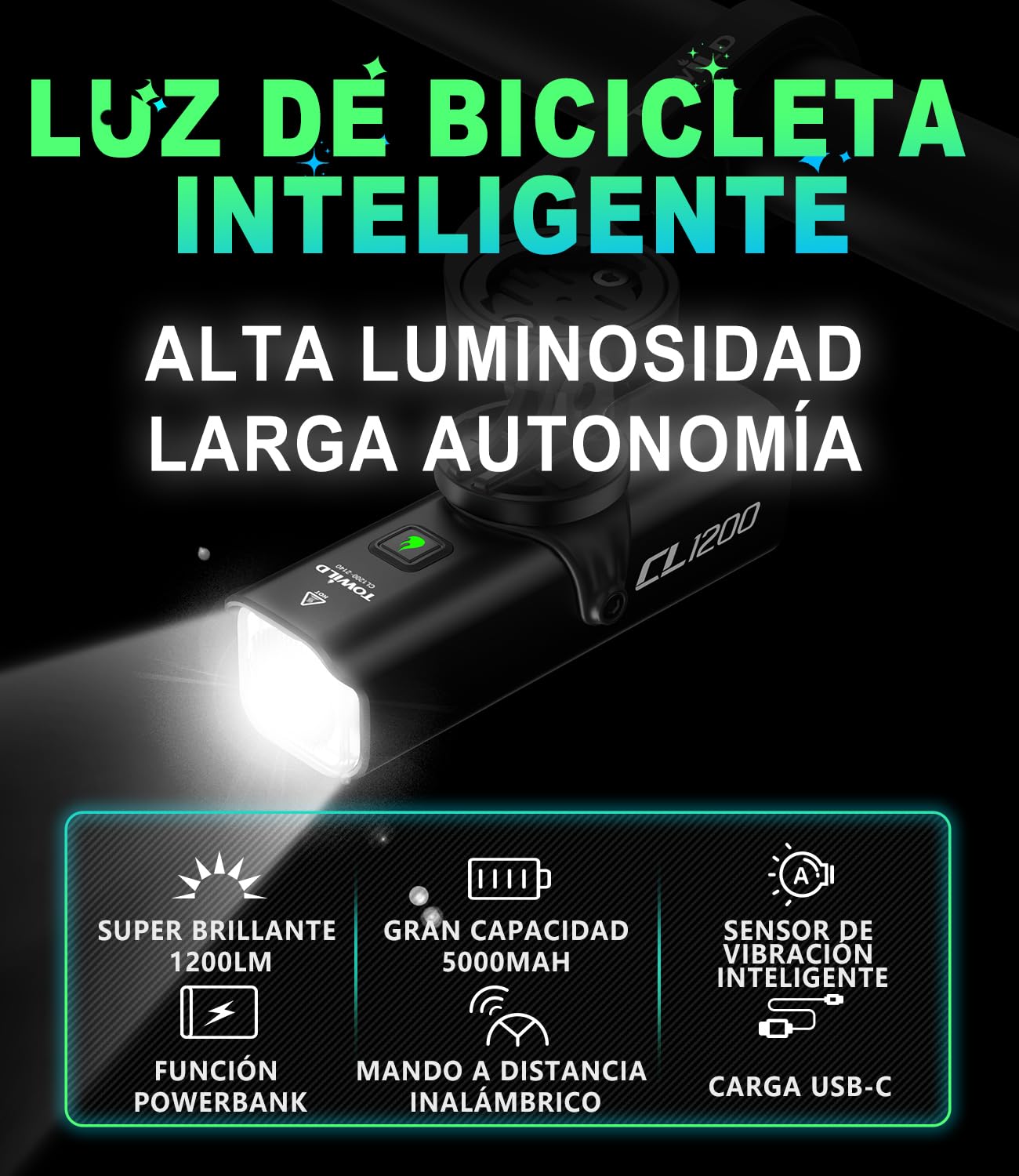 towild Luz De Bicicleta 1200 Lúmenes Linterna Frontal De Bicicleta Recargable por USB De 5000 mAh, IPX6 Impermeable Linterna de para Ciclismo Carretera Montaña MTB