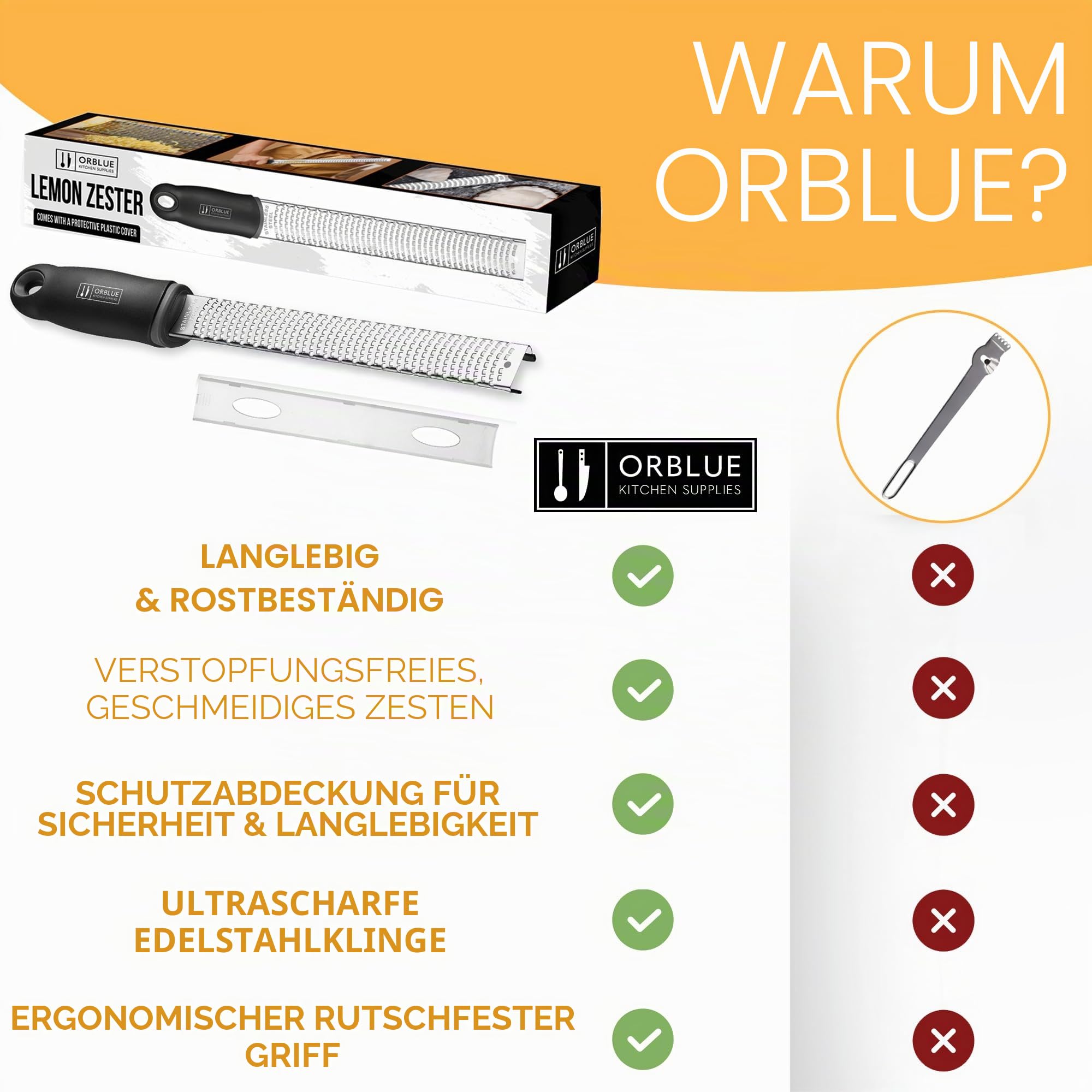 ORBLUE Käsereibe Zitronenreibe Zester Reibe Fein Parmesanreibe Handreibe Rasiermesserscharfe Premium Edelstahl Reibeoberfläche- für Hartkäse - Ingwerreibe