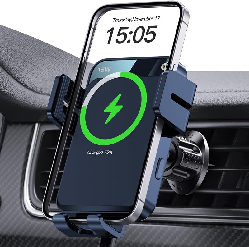 Carregador sem fio veicular 15 W com suporte para saída de ar, alinhamento automático e fechamento automático MOKPR