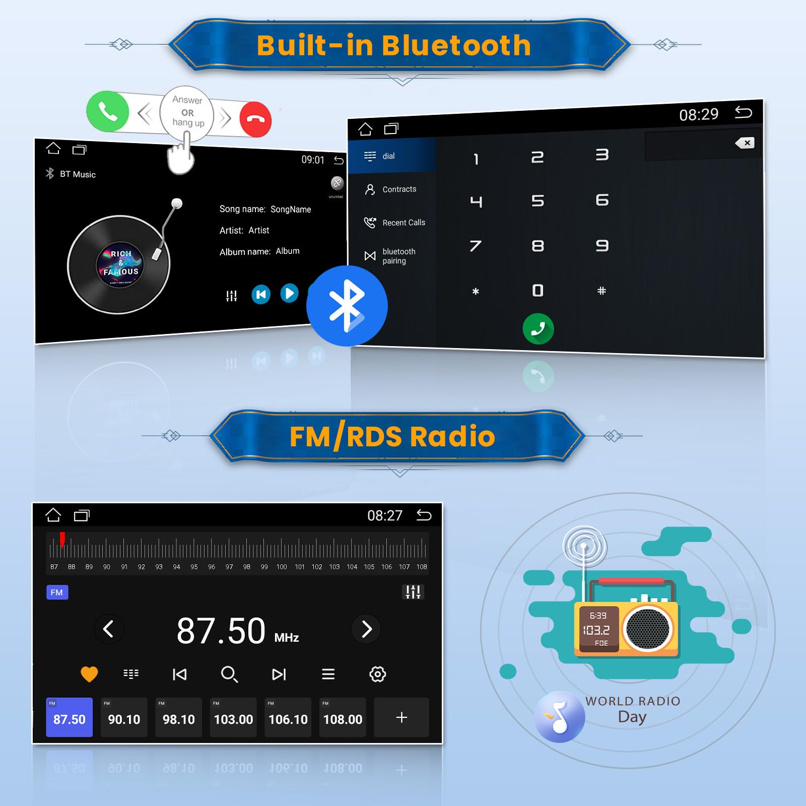 Inefala 2 Din Android Car Stereo z zestawem głośnomówiącym Bluetooth (1 + 16 GB), 7-calowy ekran dotykowy 2 Din Android Car Stereo Obsługuje GPS/WiFi/Mirror Link/Radio FM RDS z tylną kamerą