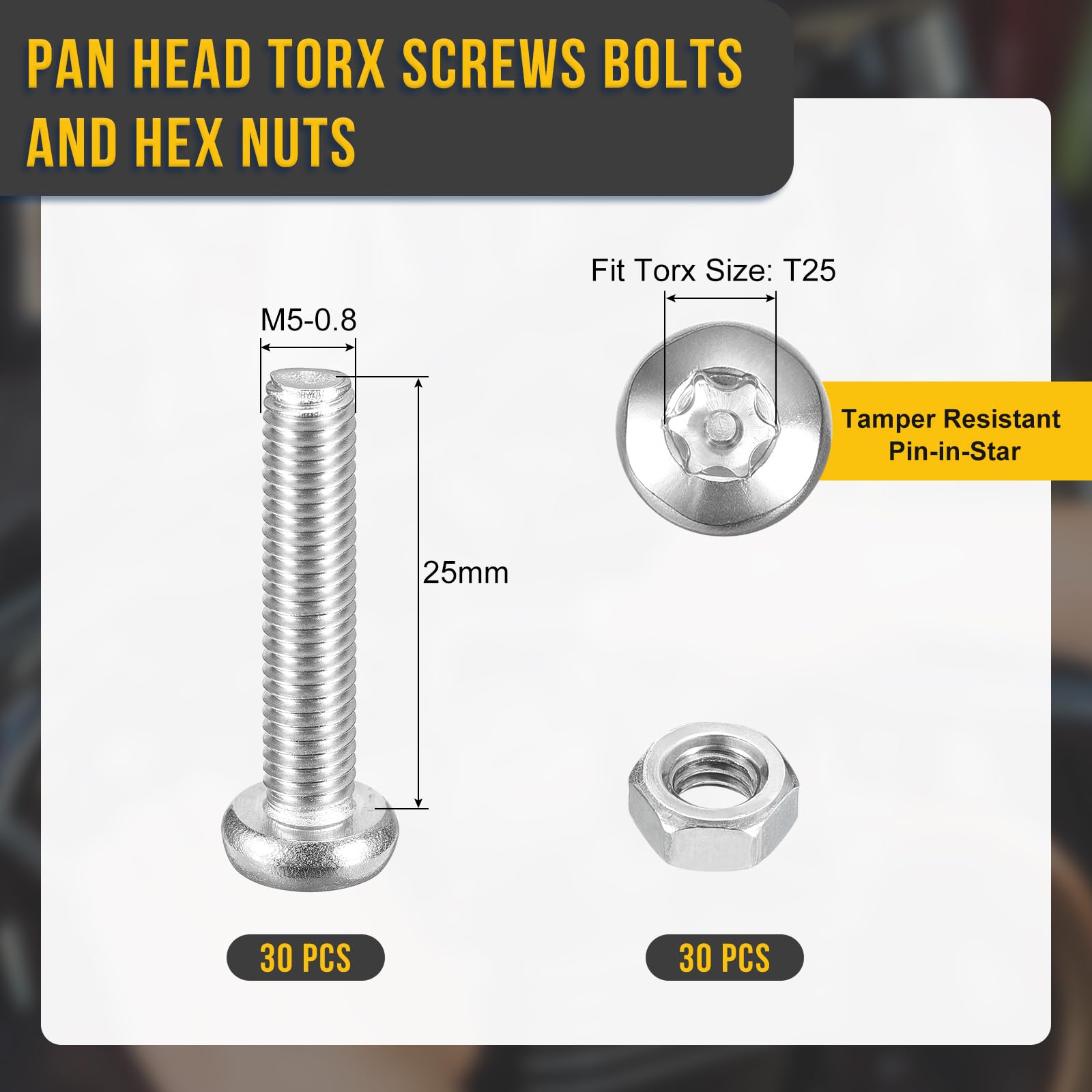 DTGN M5x25mm Pan Head Torx Security Screws, 60Pack, Good for Machinery - Image 2