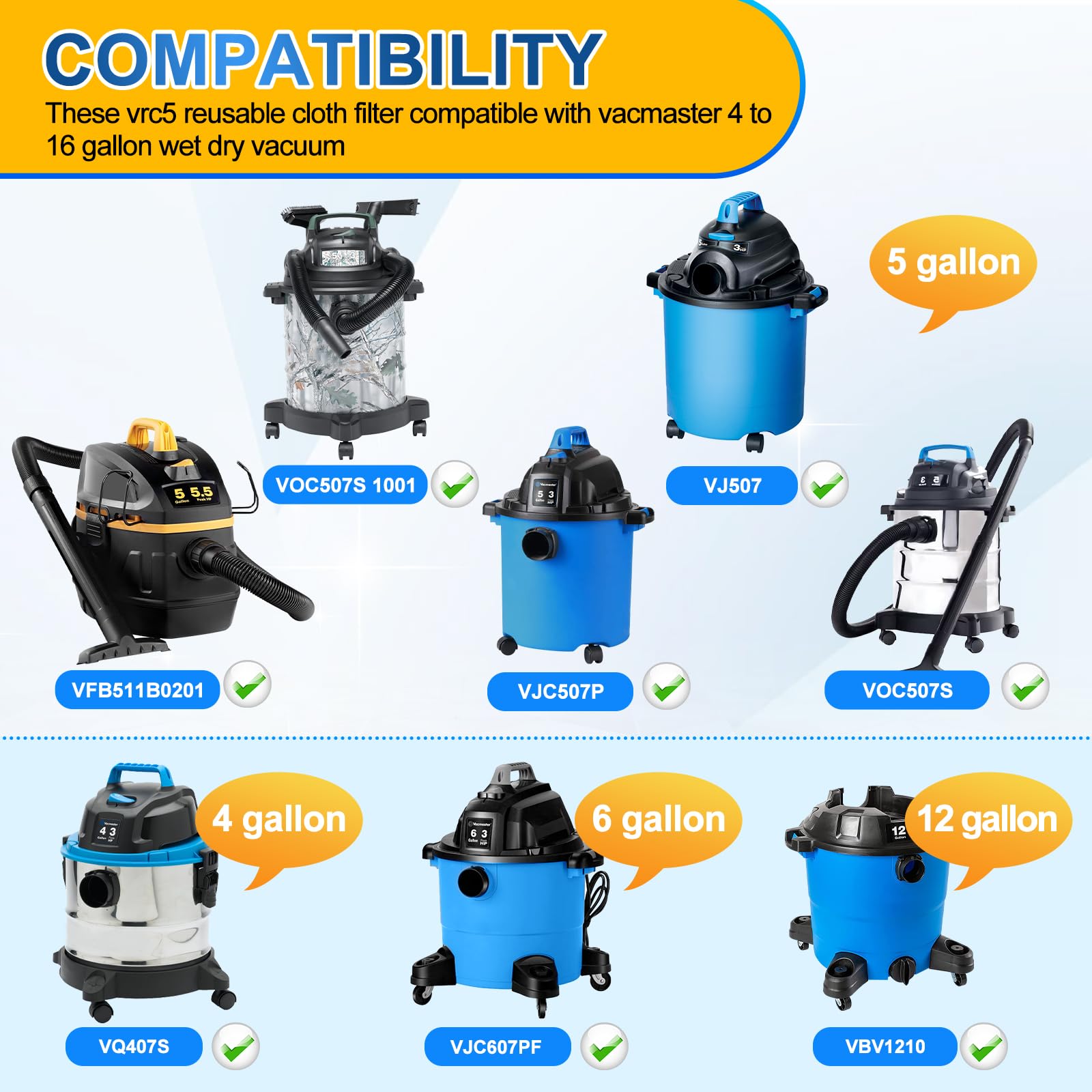 KEEPOW Shop Vac Filter Bags Compatible with Vacmaster 4 to 16 Gallon Wet Dry Vacuums VBV1210 VJC507P, Cloth Filter Bags 6 Pack, Part #VRC5