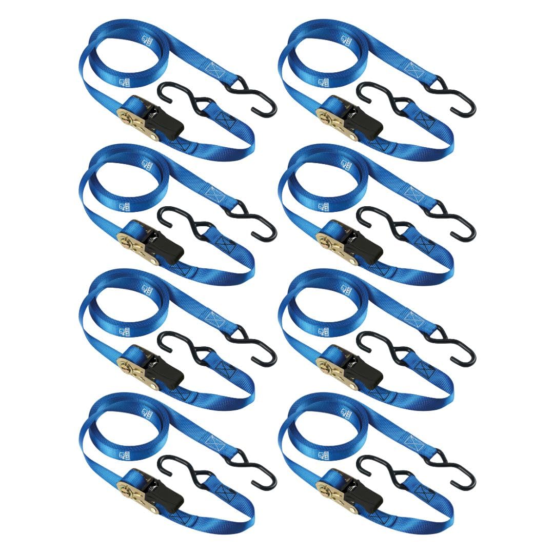 BASI Juego de 8 correas tensoras con trinquete y ganchos en S, 250 kg de fuerza de amarre, correas de amarre azules, longitud 500 cm x ancho 2,5 cm, seguridad de carga, correa de trinquete con