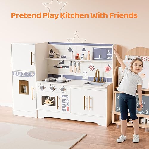 Miniatura 7 de JOYMOR Juegos de cocina de madera para niños, nueva cocina moderna de juguete de madera para niños con refrigeradores y amplios accesorios de cocina