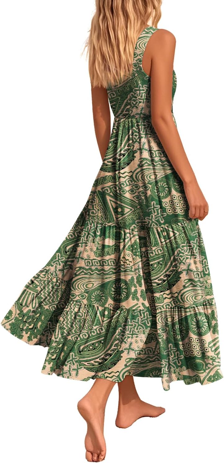 YESNO Women's Summer Casual Dresses Boho Floral Sleeveless Tiered Long Beach Dresses with Pockets EVT