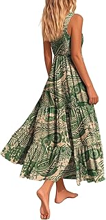 Women's Summer Casual Dresses Boho Floral Sleeveless Tiered Long Beach Dresses with Pockets EVT