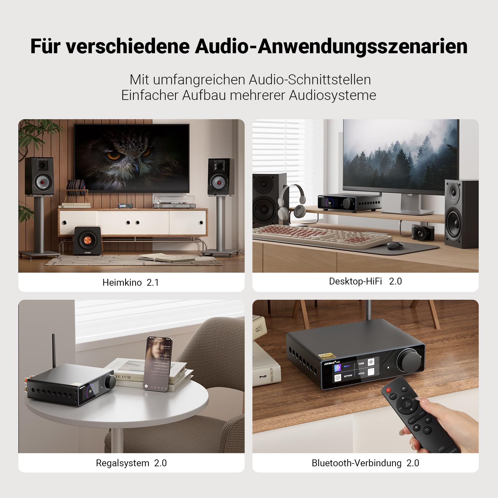 AIYIMA A80 Leistungsverstärker DAC mit PFFB TPA3255D2 Stereo HiFi 2.0 Kanal Klasse D Bluetooth Verstärker 300Wx2 ESS9038Q2M Decoder Heimkino-Receiver mit PC-USB Koaxial Optischer TRS Cinch-Eingang