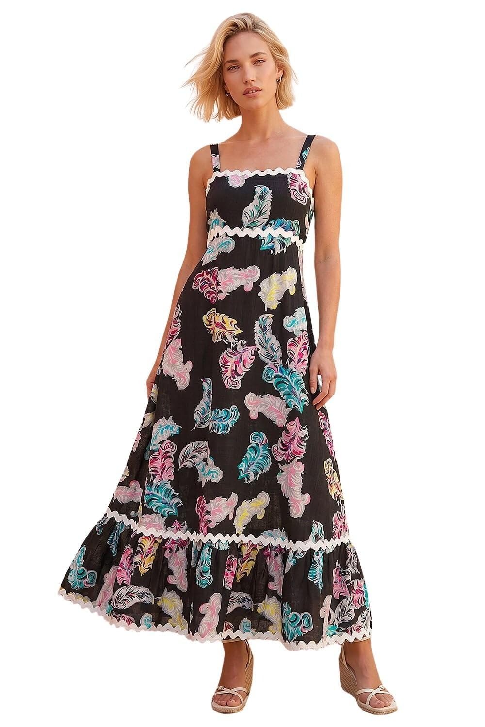 Roman Women's Feather Print Ric Rac Maxi Dress in Black | Size: 10