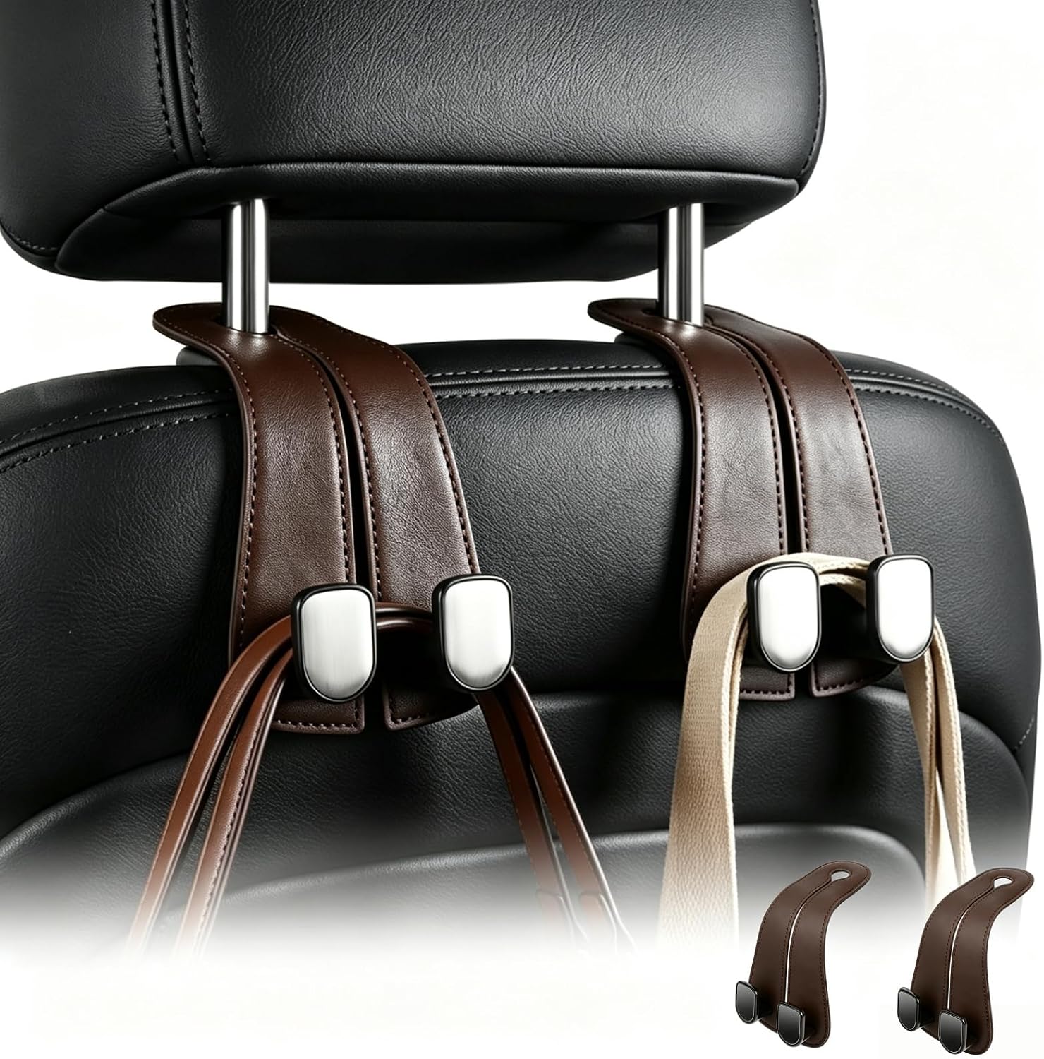 2 Pack Leather Car Headrest Hooks, Heavy Duty Double Car Hooks(Brown)
