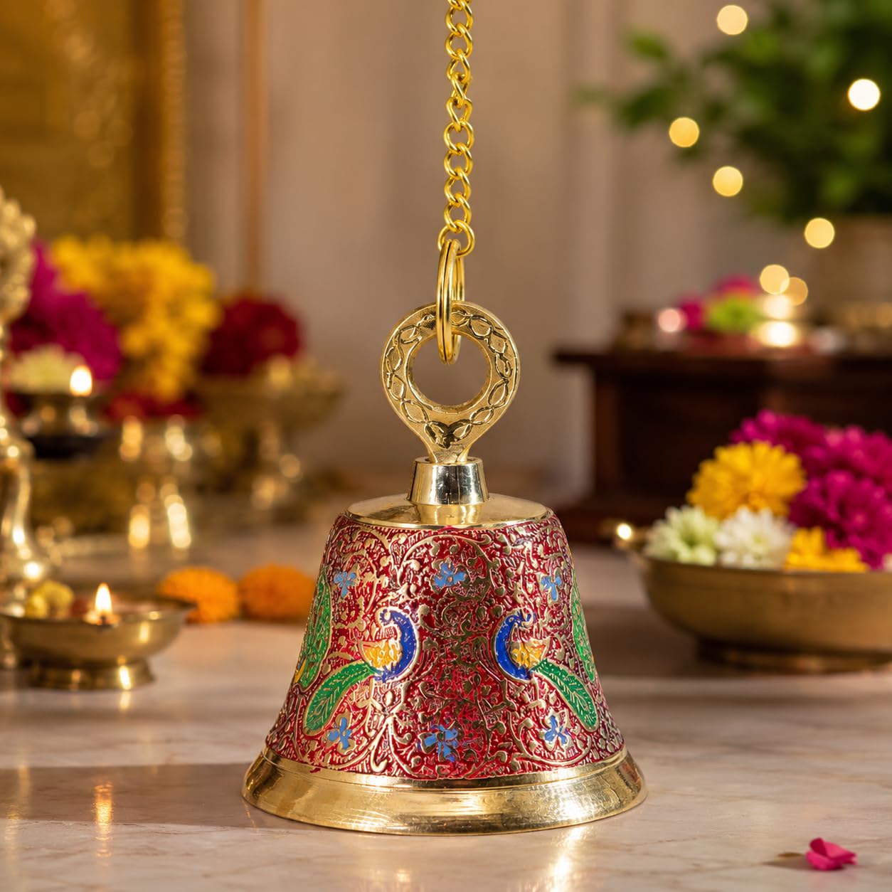 CraftVatika Brass Wall Hanging Bell Ghanti for Pooja Decoration Mandir Home Temple, Pooja Decorative Items, Ghanti Bell with Deep Sound, Puja Bell with Chain and Hook (20 Inch Height) 4