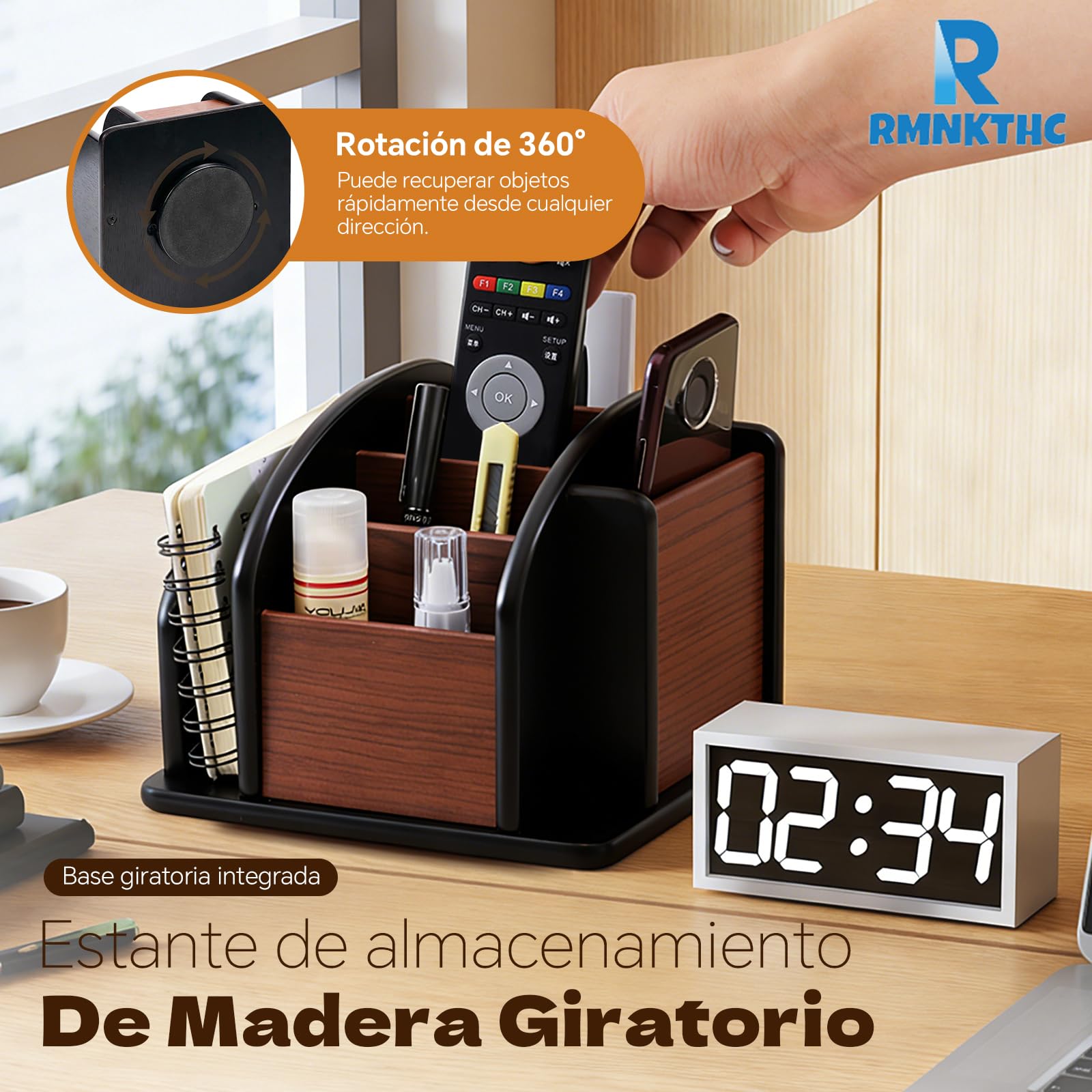 Organizador de Escritorio de Madera Giratorio con 6 Compartimentos – Portalápices Multifuncional para Objetos Pequeños, Soporte para Mandos a Distancia, para Oficina Escuela Hogar