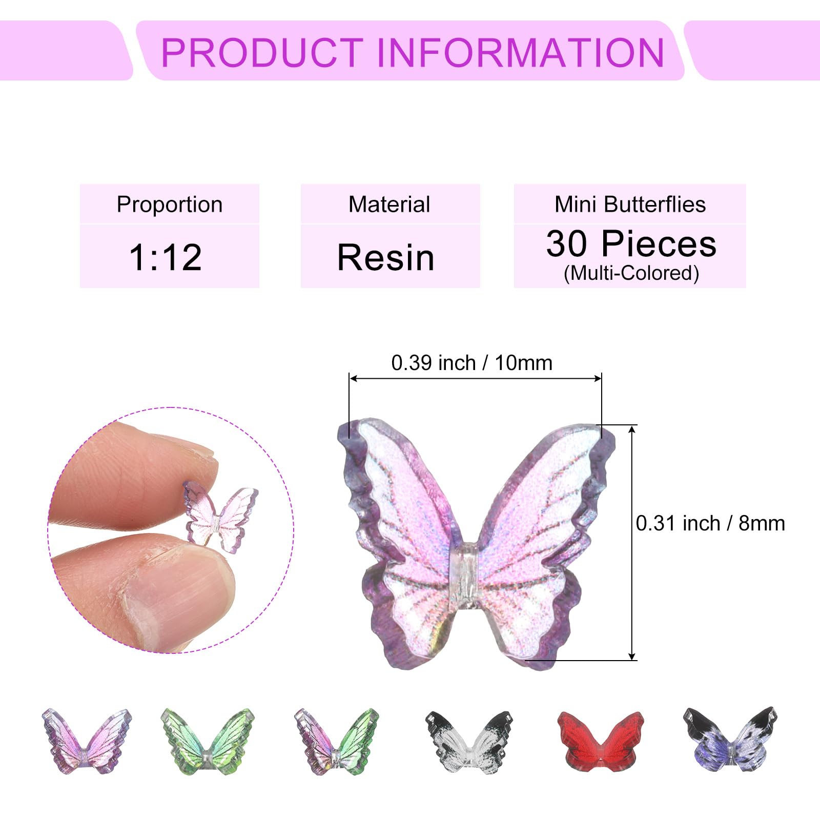 CoCud Mini Resin Butterflies, 8mm Length, Resin Miniature Dollhouse Accessories Multi-Colored - Image 2