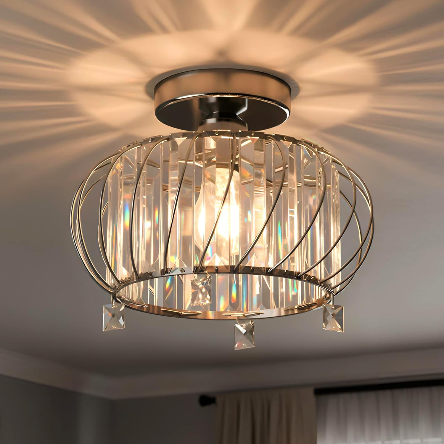 ANWIO Lustre en Cristal Moderne Argent, E27 Plafonnier Led Cuisine Ø280mm, Luminaires Intérieur pour Salon, Chambre, Salle à Manger