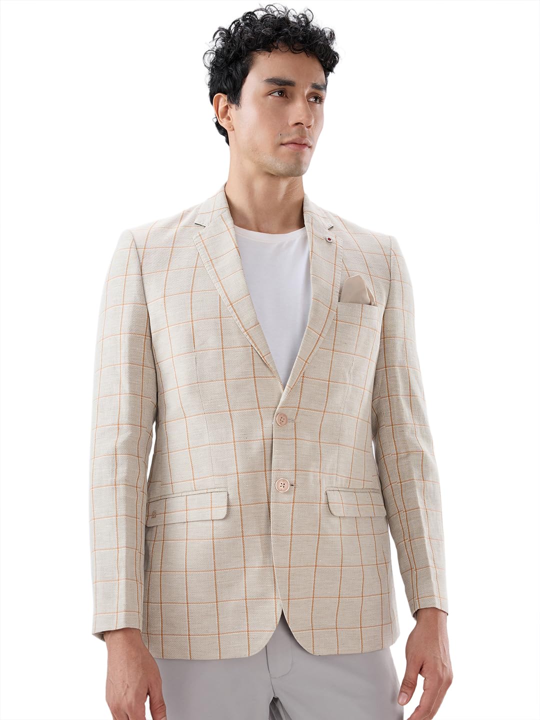 raymond Men Contemporary Fit Checks Pattern Linen Cotton Blend Notch Lapel Full Sleeve Formal Blazer-picture-14