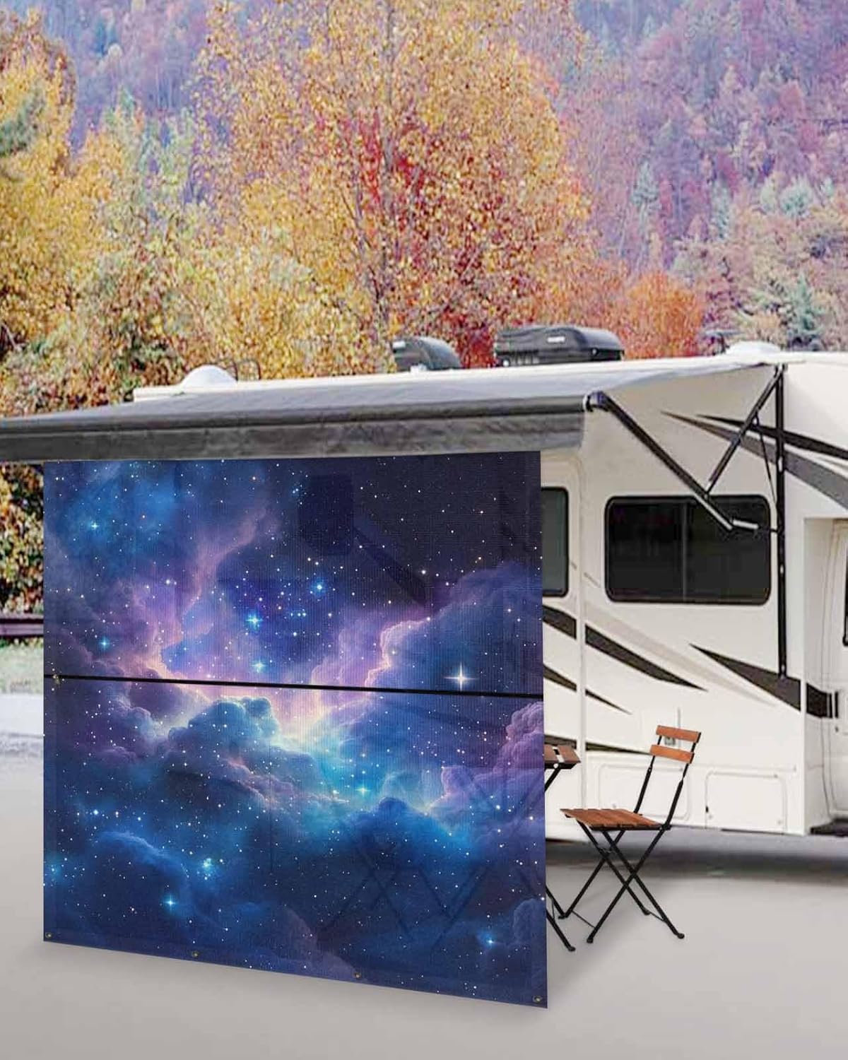 RV Awning Sun Shade Screen 9'X7' Ombre Purple Galaxy Mesh Sunscreen Starry Night Awning Shade Screen with Zipper UV Blocker Completed Kits Universal Outdoor Canopy for RV Motorhome Camper Travel