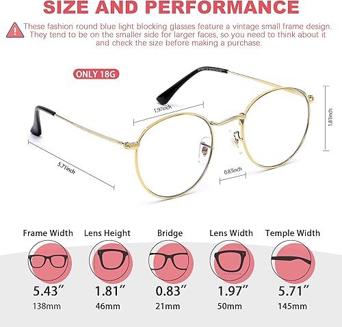 Miniatura 3 de JFXQDR Gafas redondas con bloqueo de luz azul para mujeres y hombres, marco de alambre de metal, lentes de computadora antirreflejos y UV RF5002