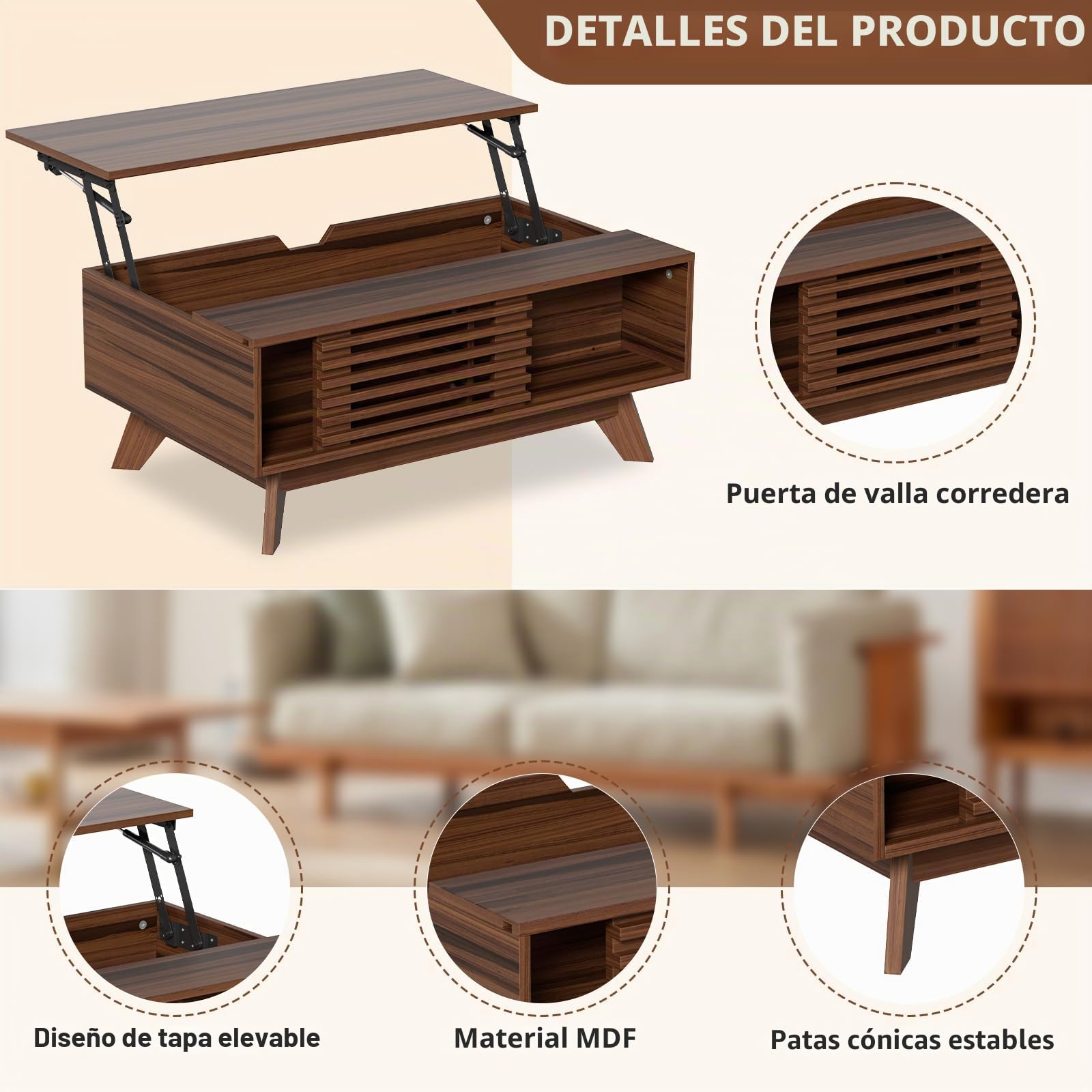 MSFE Mesa Centro Elevable, Mesa Elevable con Espacio de Almacenamiento y Extensión, Mesas de Café para Salón, Retro Medieval Mesas, Marrón Vintag
