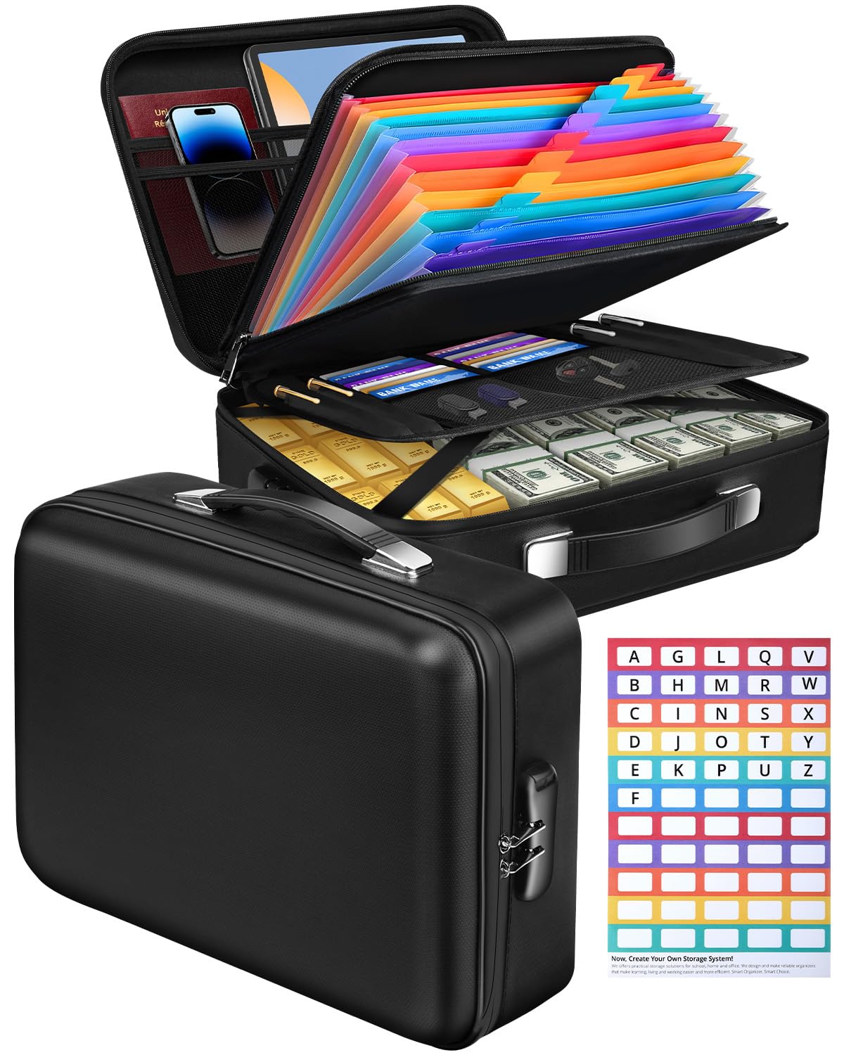 Boîte à documents ignifuge – Organisateur de documents rigides avec serrure à combinaison et 13 compartiments, portable, imperméable, ignifuge, pour fichiers A4, certificats, ordinateur portable et