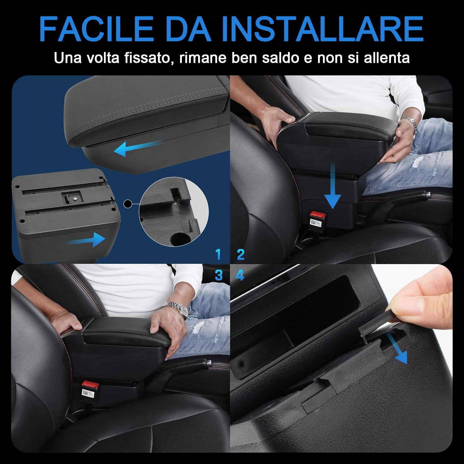 Scatola portaoggetti per bracciolo per Kia Rio 2018 2019 2020 2021 2022 con portabicchieri, scatola portaoggetti per console centrale a doppio strato, accessori per bracciolo neri (4 USB neri con cavo
