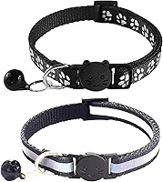 zulinlong 2 Pack Breakaway Cat Collars with Bells - Reflective & Claw Print, Adjustable 7.5-12.5" Safety Buckle for Kittens (Black)