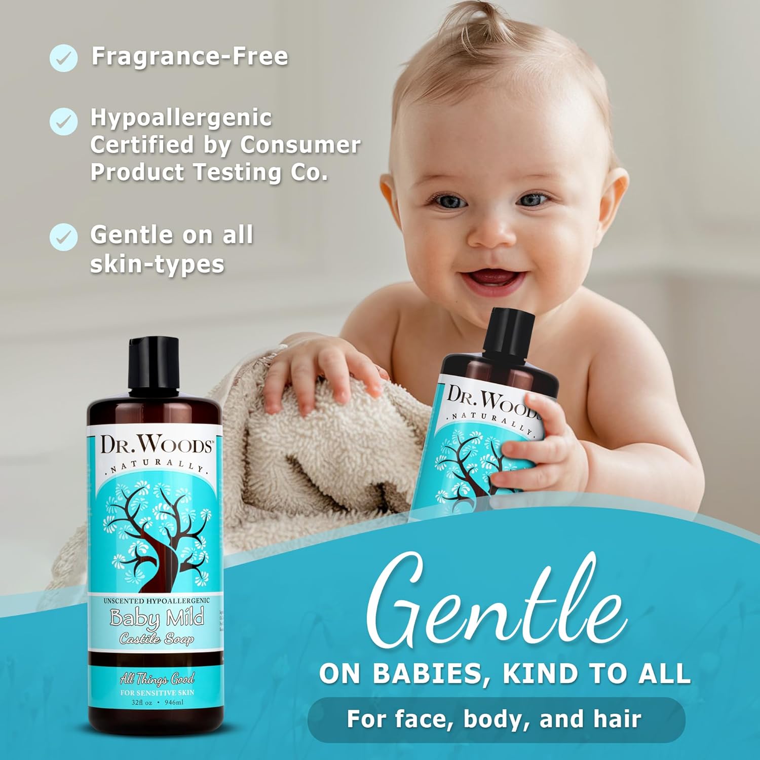 Dr. Woods Unscented Baby Mild Liquid Castile Soap - Natural Soap for Sensitive Skin, Gentle Cleanser with Hemp Oil and Vitamin E - Paraben, Sulfate, and Phthalate Free - 32 Fl Oz (Pack of 2)