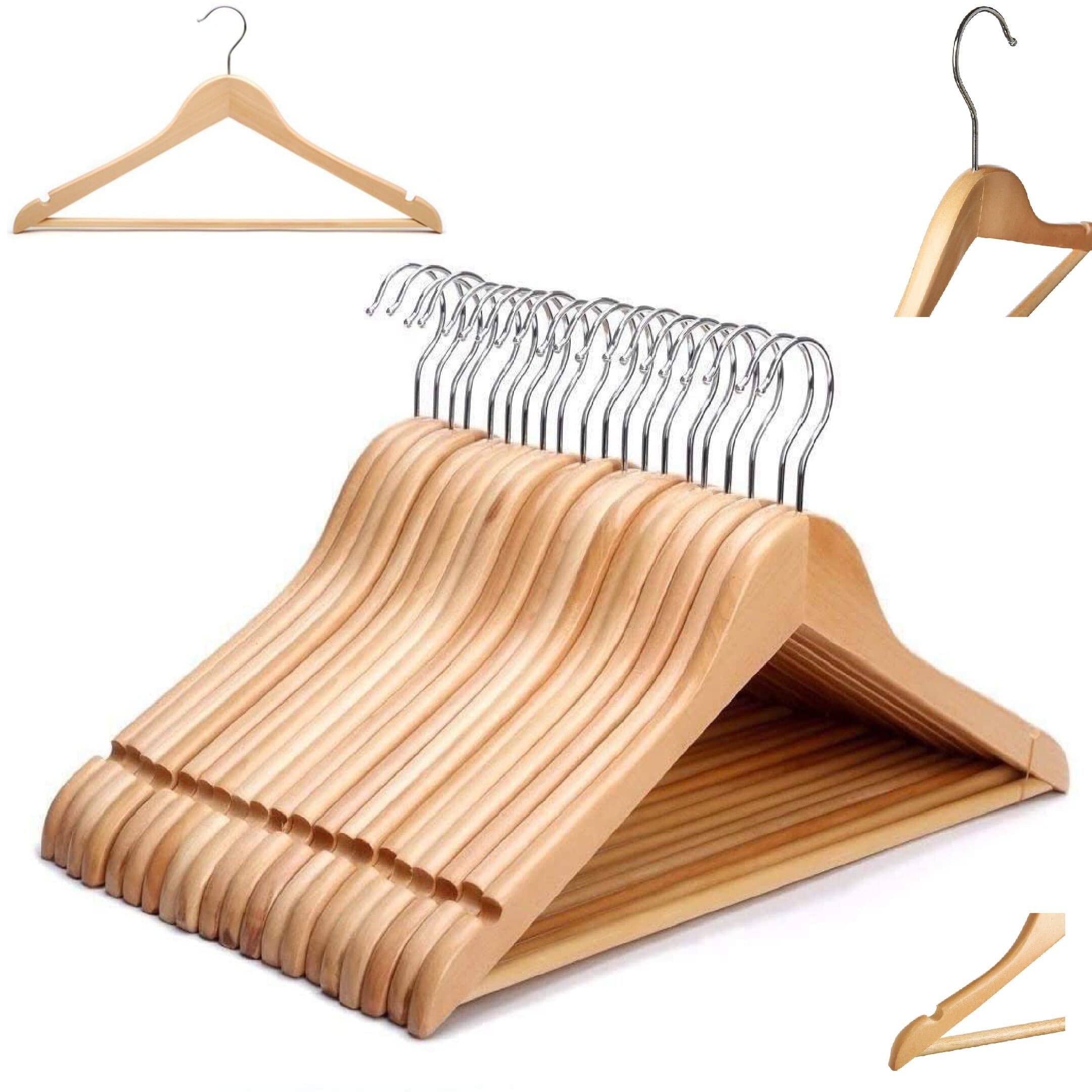Strong Natural Wood Wooden Coat Hangers with 360 Degree Rotatory Hook & Round Trouser Bar & Shoulder Notches - Durable Wardrobe Space Saver - Suitable for Coat, Jacket, Suit, Jumper (30)