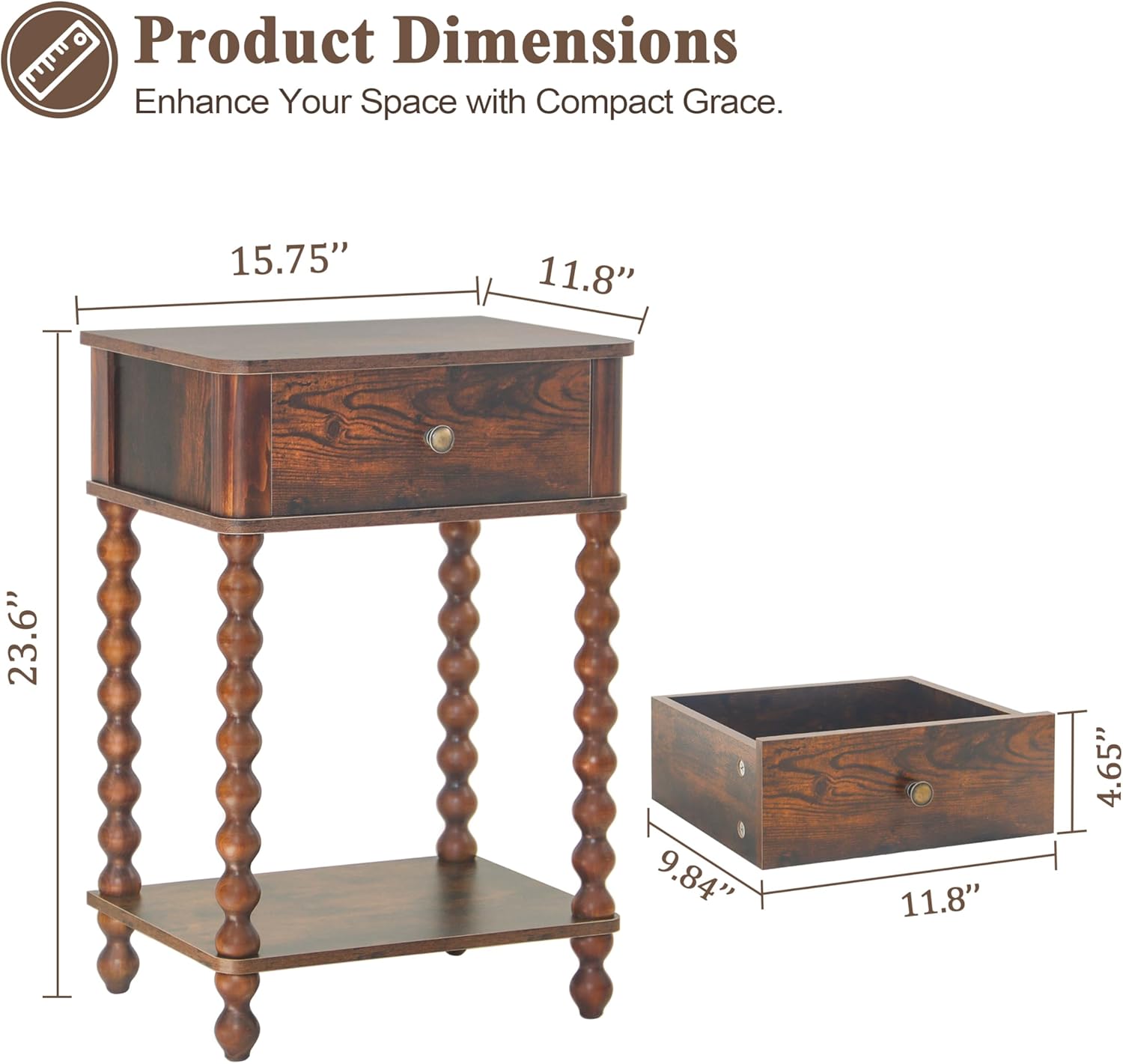 AWASEN Nightstand, Mid Century Modern Night Stand with Drawer for Living Room, Modern Bedside End Table with Spindle Wood Legs for Bedroom, Office, Rustic Brown