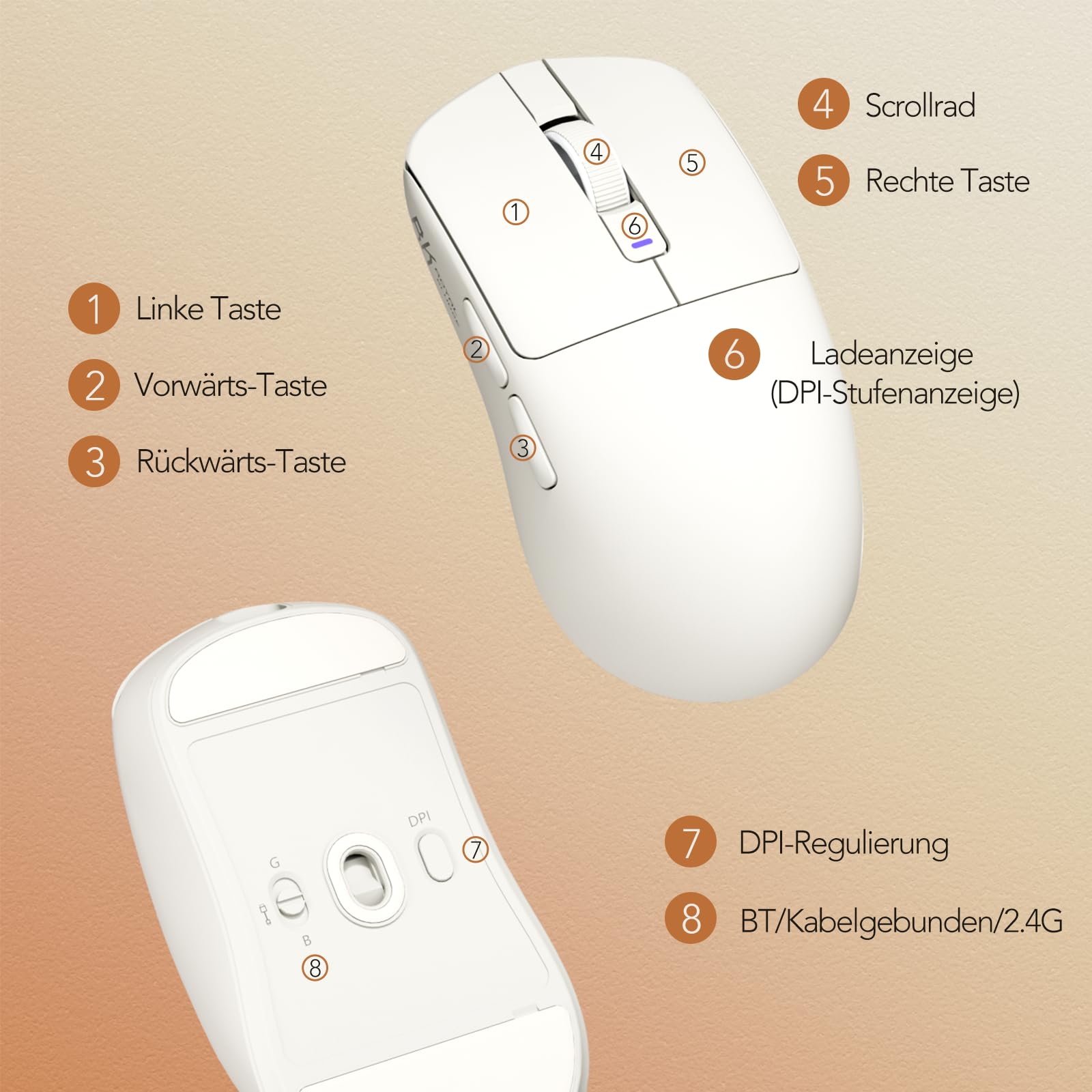 RK ROYAL KLUDGE MO3 Gaming Maus Kabellose PAW3809 6K DPI 48g leichte Computer Maus Bluetooth/2.4G/Kabel wiederaufladbare Wireless Mouse mit 5 programmierbaren Tasten, leisen Klicks für Laptop/PC, Weiß
