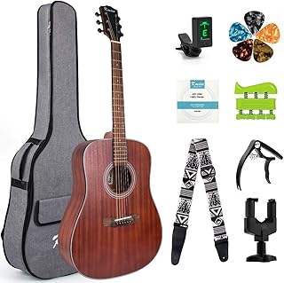 Kmise Full Size Beginner Acoustic Guitar Pack Kit 6 Metal Strings Mahogany Top Guitar Starter Kit with Gig Bag Tuner Strap Capo Picks String Hook Hanger Hand Exerciser (41'')
