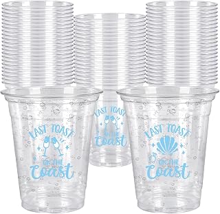 Whaline 50Pcs 12Oz Last Toast on the Coast Disposable Cup Coastal Beach Bachelorette Party Plastic Cup Blue Bach Clear Glasses for Coffee Juice Drink Party Supplies