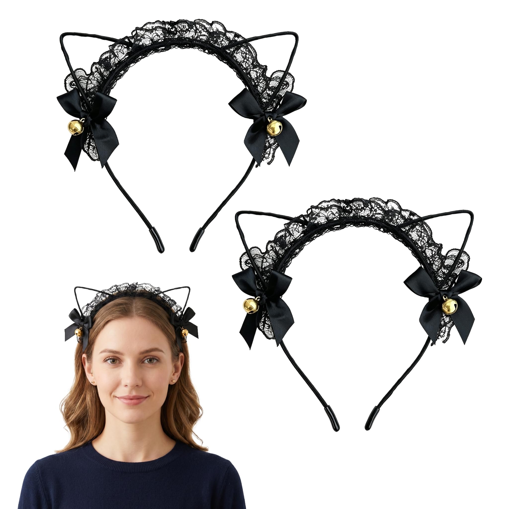 Yizzen 2 Pcs Cat Ears, Black Cat Headband - Cute Hair Accessory for Women Girls Costume Mask Skincare Spa Yoga Cosplay Halloween Parties — image 1