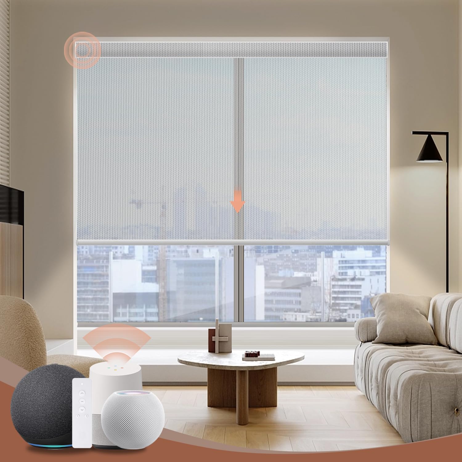 Motorized Roller Shades, 5% Openness Solar Blinds Work with Homekit/Alexa/Google Asssitant, Cordless Smart Shades with Remote/APP/Voice Control, Customized, Sunny White Grey